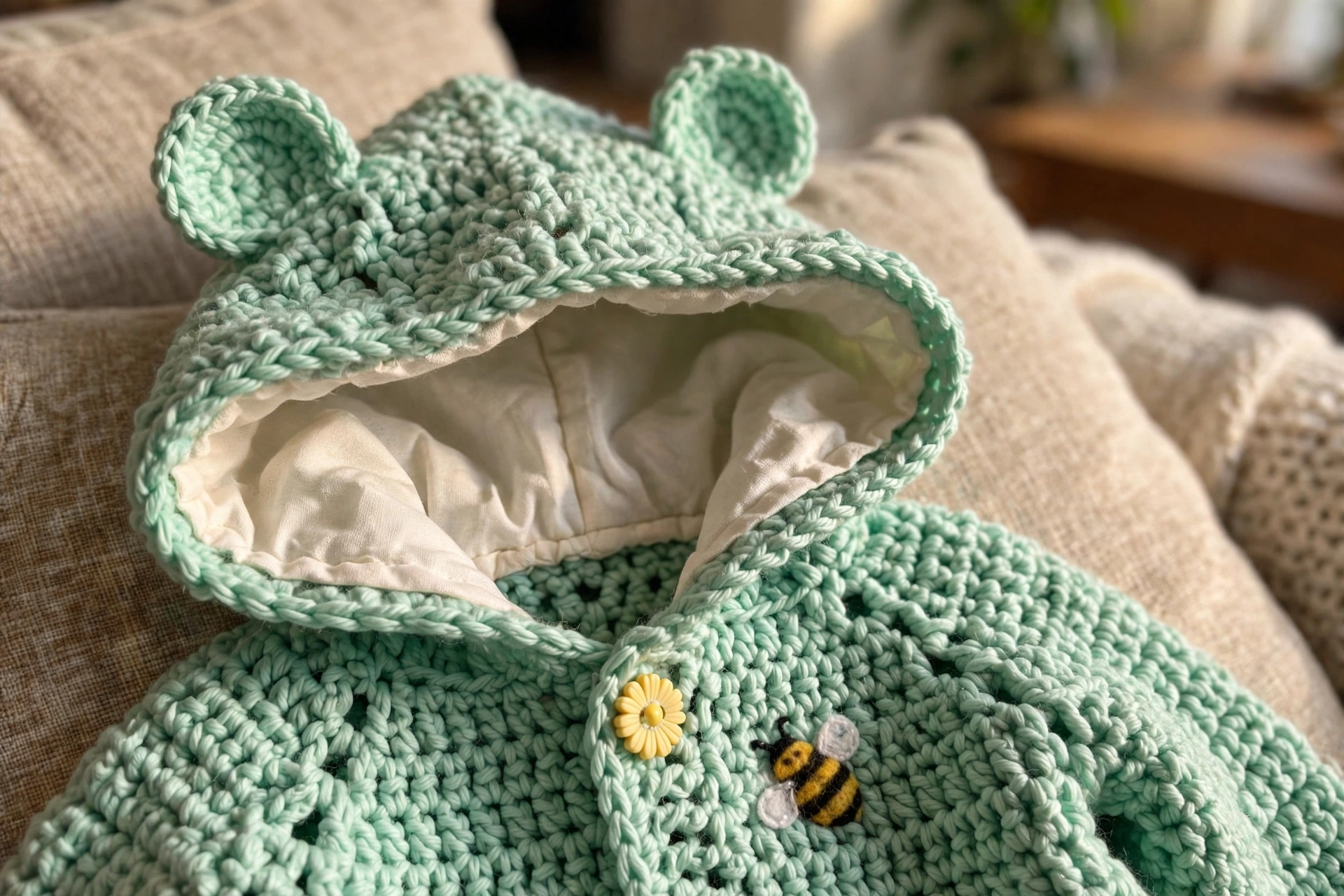 Close-up of the bear ears, cream hood lining, and bumblebee applique of the mint green cardigan