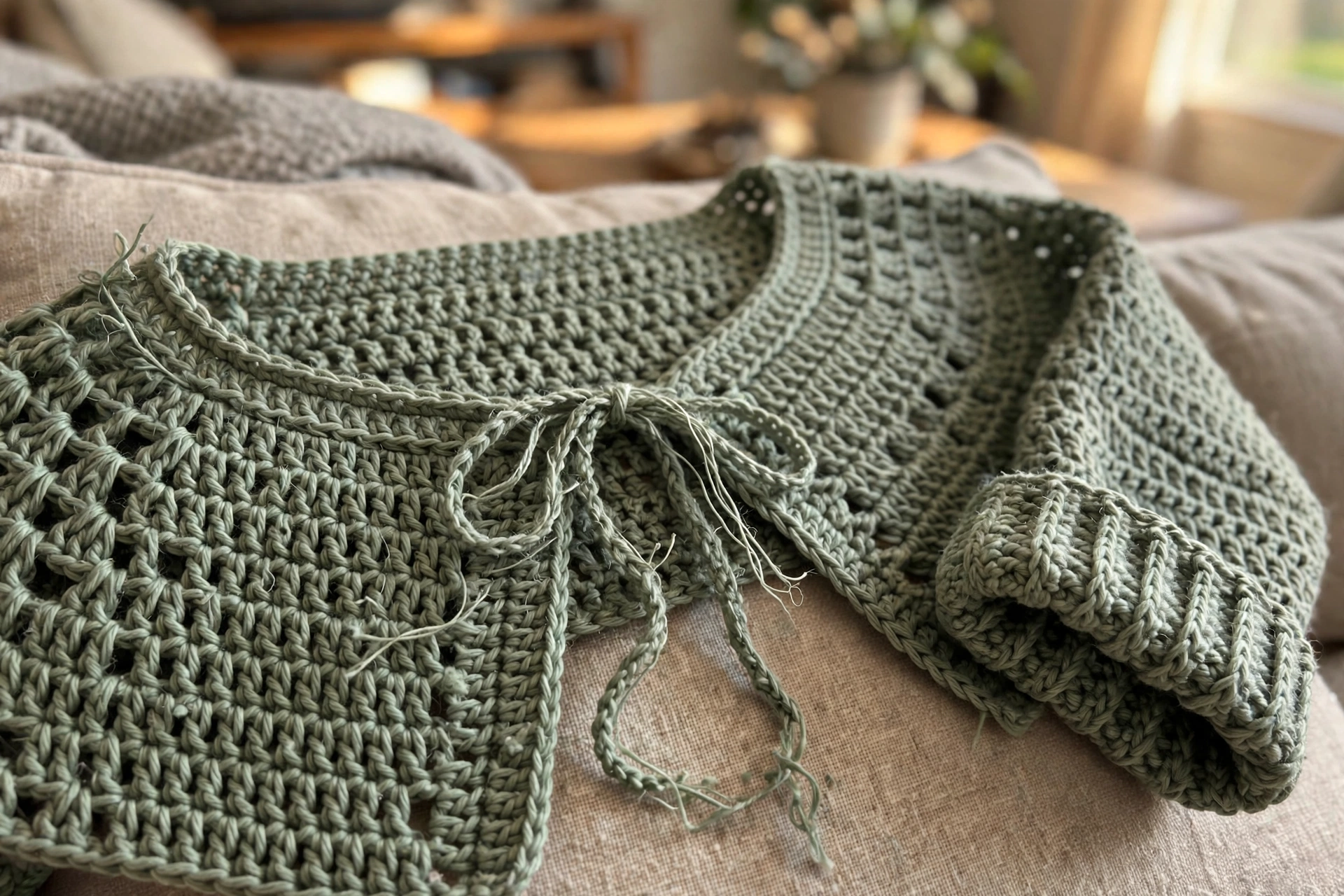 Close-up of the tie ribbon and stitch texture of the sage green bolero shrug