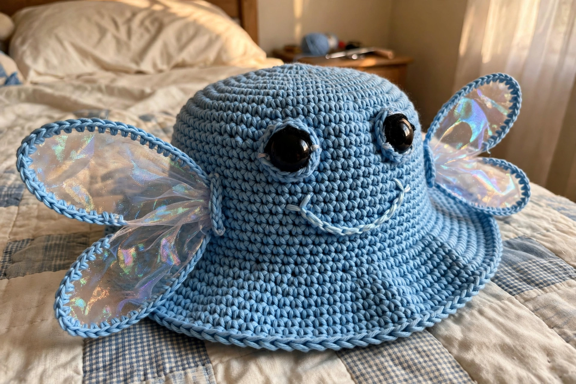 Close-up of the dragonfly bucket hat with iridescent organza wings and safety eyes