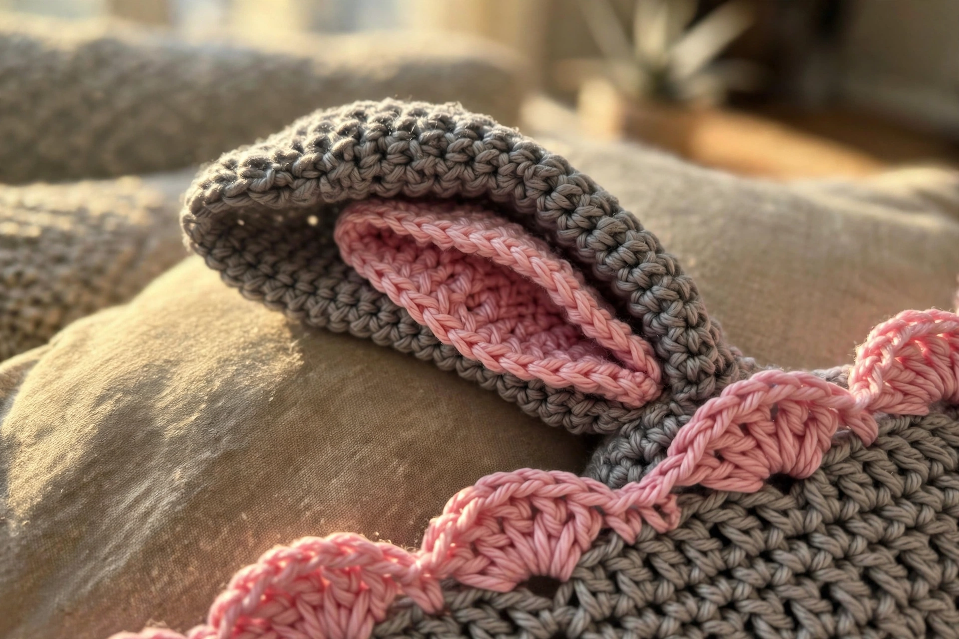 Close-up of the gray bunny ear with pink lining and pink shell edging