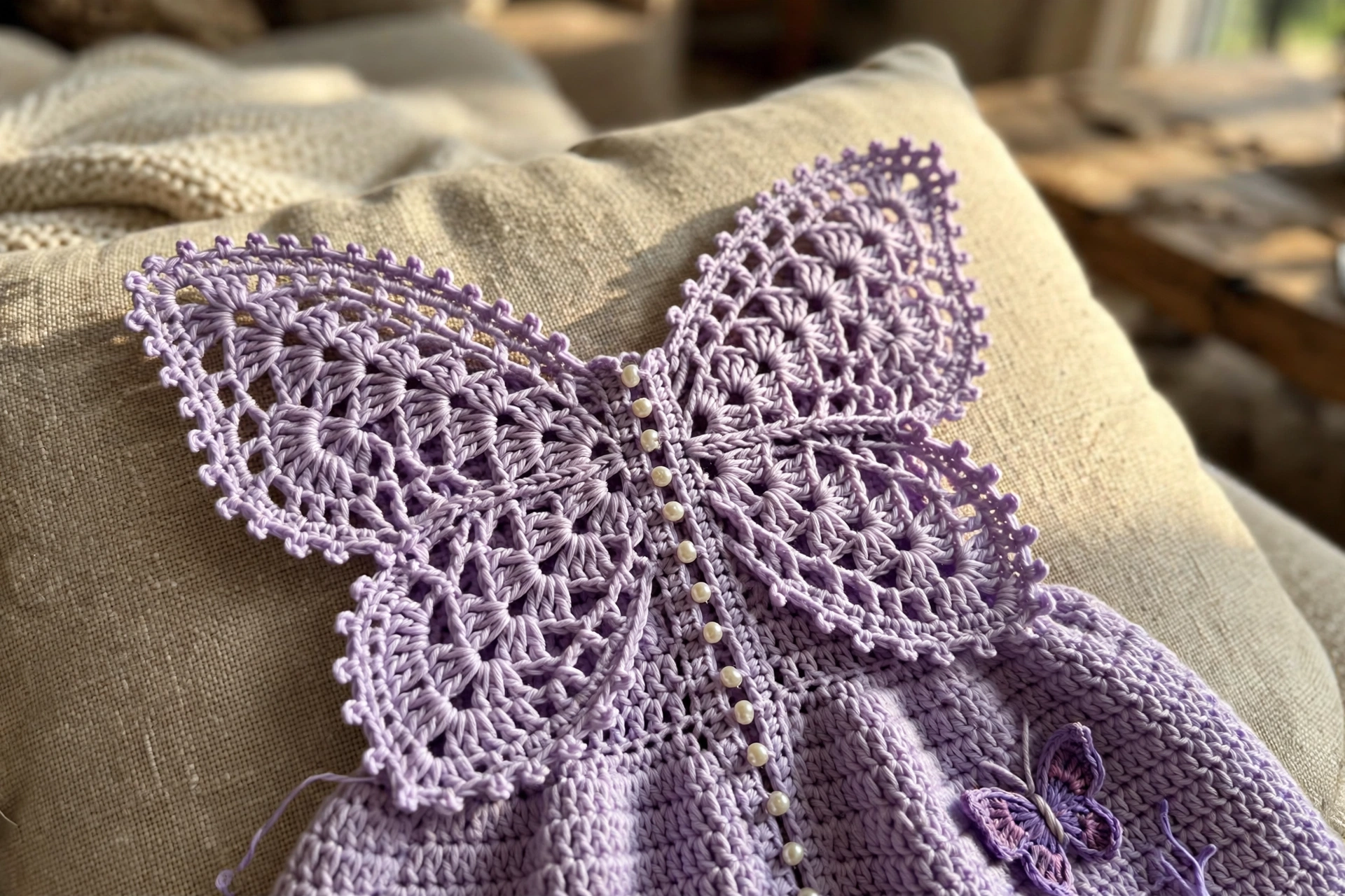 Close-up of the lace butterfly bodice with pearl beads and butterfly applique