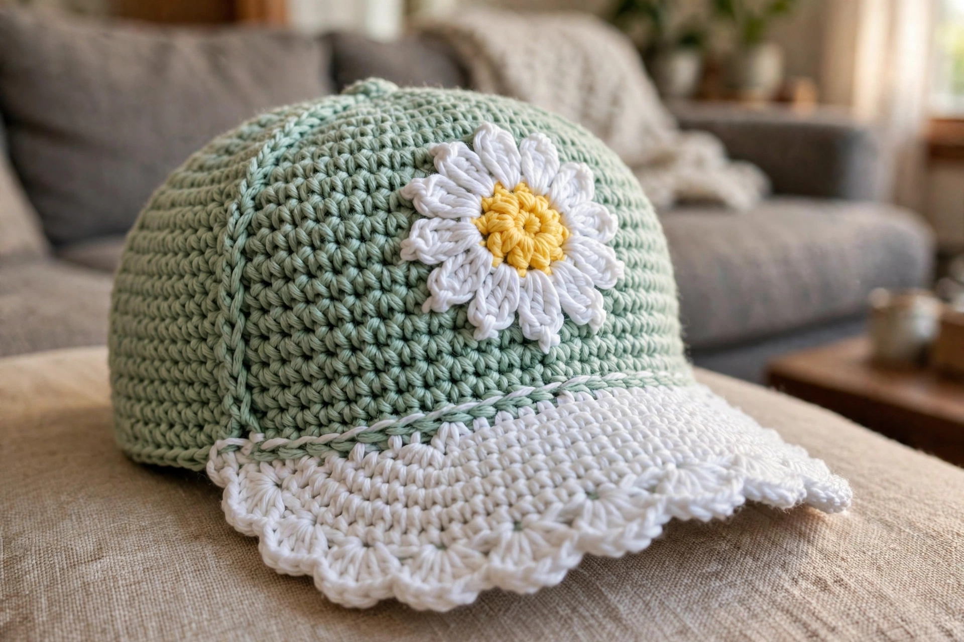 Close-up of the mint green crown texture, white daisy, and white scalloped brim of the baseball cap