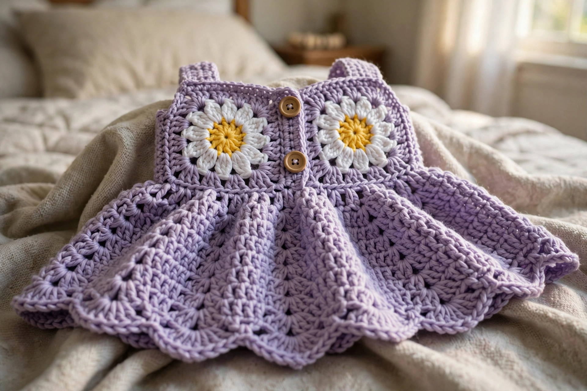 Close-up of the daisy squares and wooden buttons on the lavender baby sundress bodice