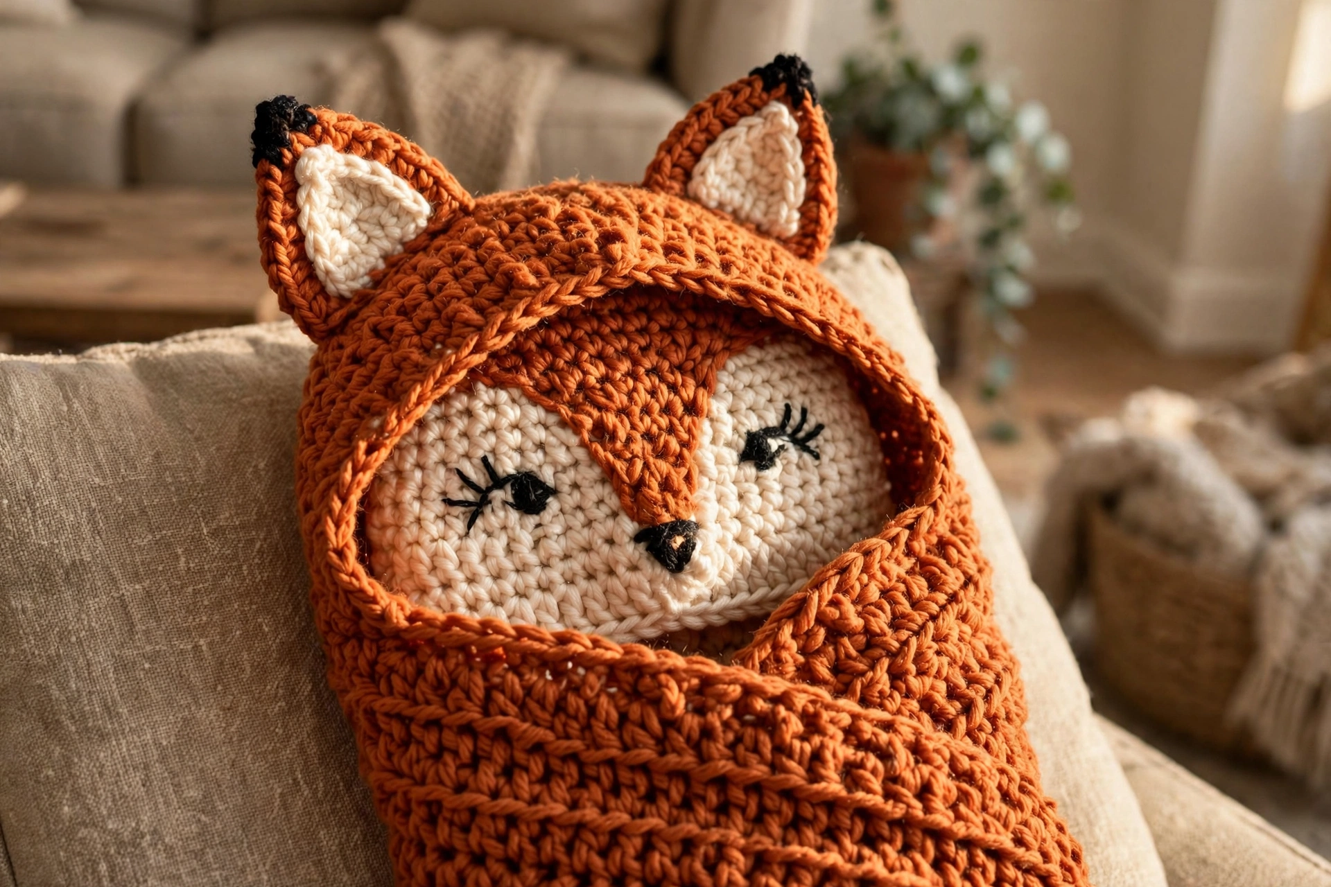 Close-up of the fox-face hood with black-tipped ears and embroidered features