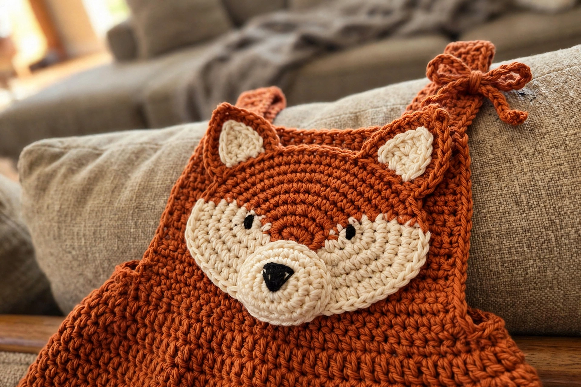 Close-up of the fox face applique and bow on the baby dress bib