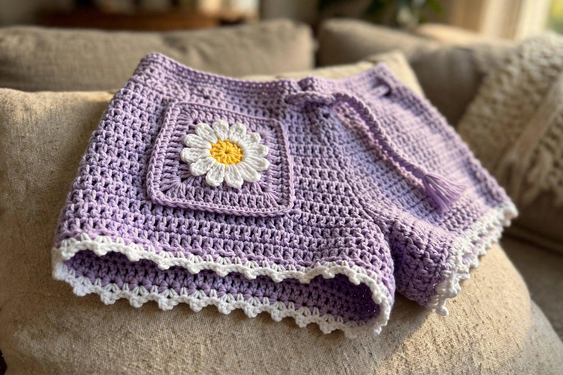 Close-up of the daisy applique and white picot scallop edging of the lavender crochet shorts