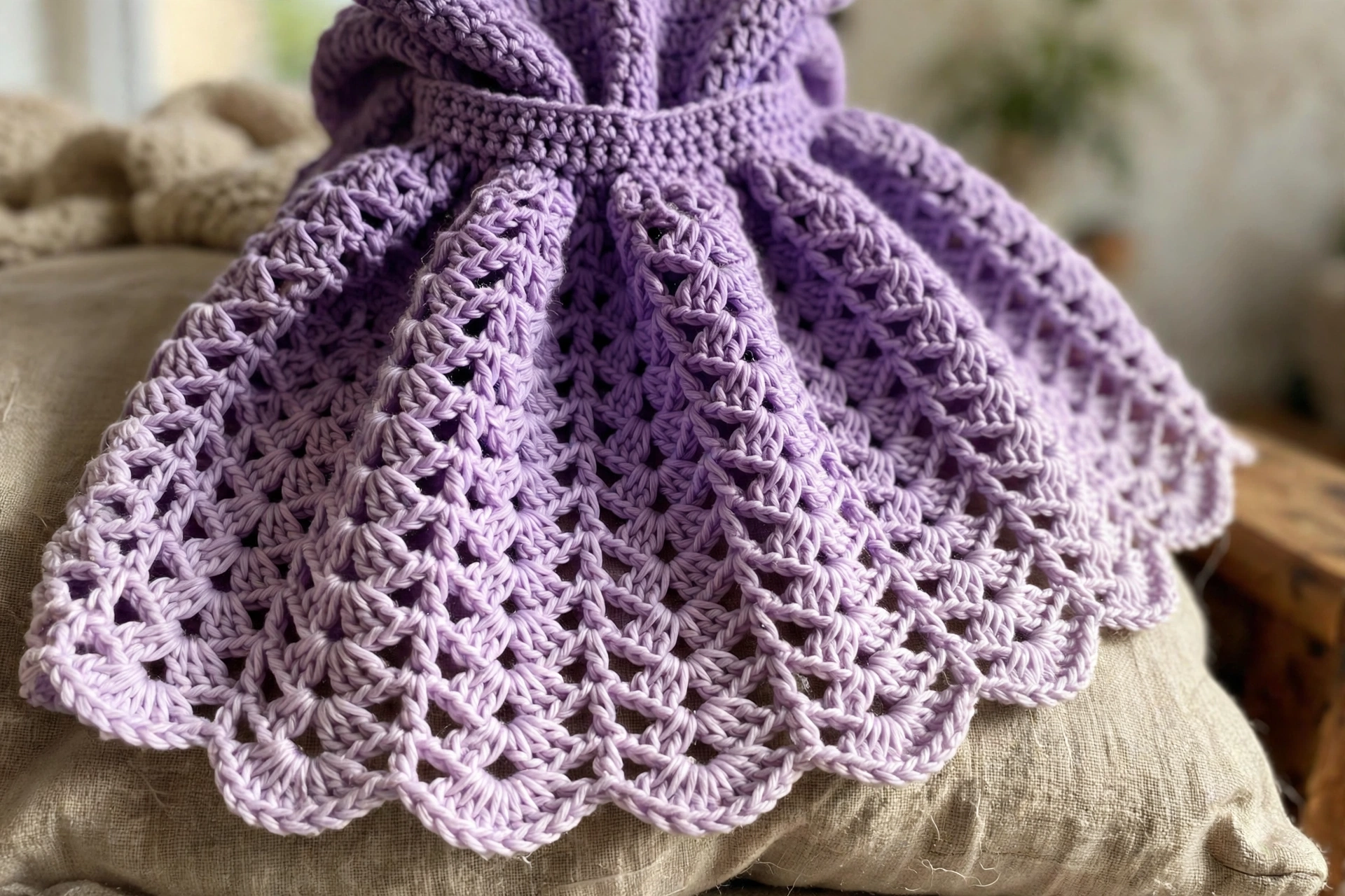 Close-up of the heart shell stitch skirt and ombre transition of the lilac dress