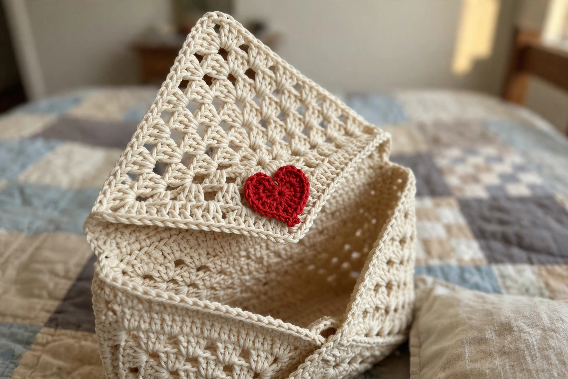 Open envelope flap showing the granny lace interior of the love letter bag