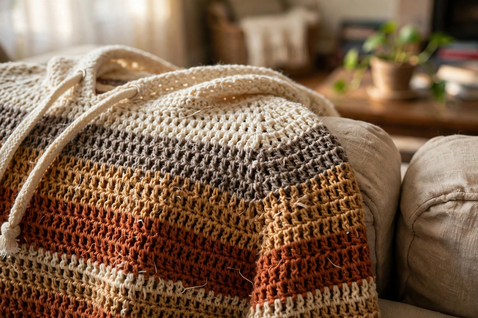 Close-up of the granny mesh stripes and drawstring on the earthy neutral hoodie