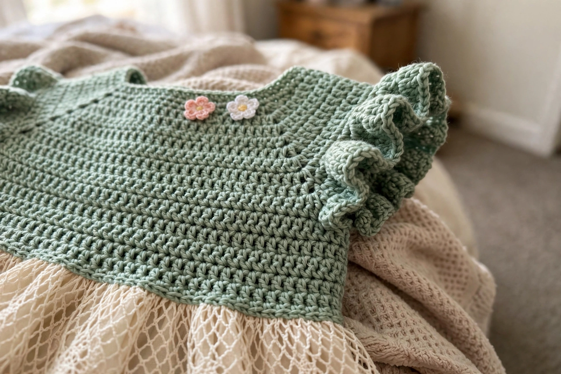 Close-up of the sage bodice, flower appliques, and flutter sleeve of the toddler dress