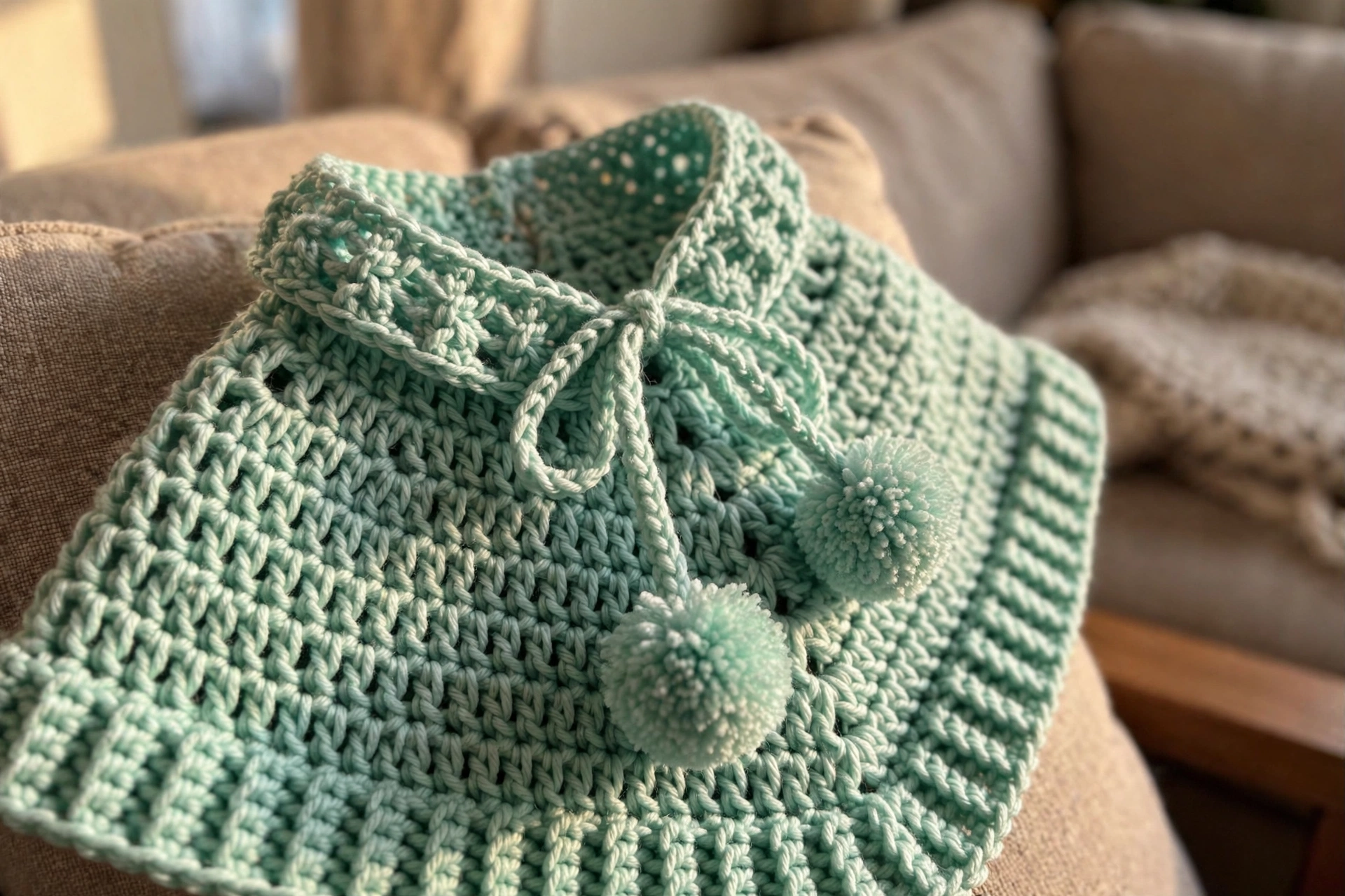 Close-up of the pompom tie and neckline on the mint baby poncho