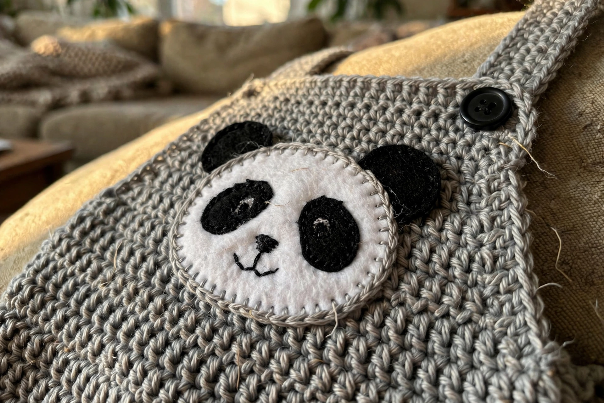 Close-up of the panda face applique on the bib of the grey baby overalls