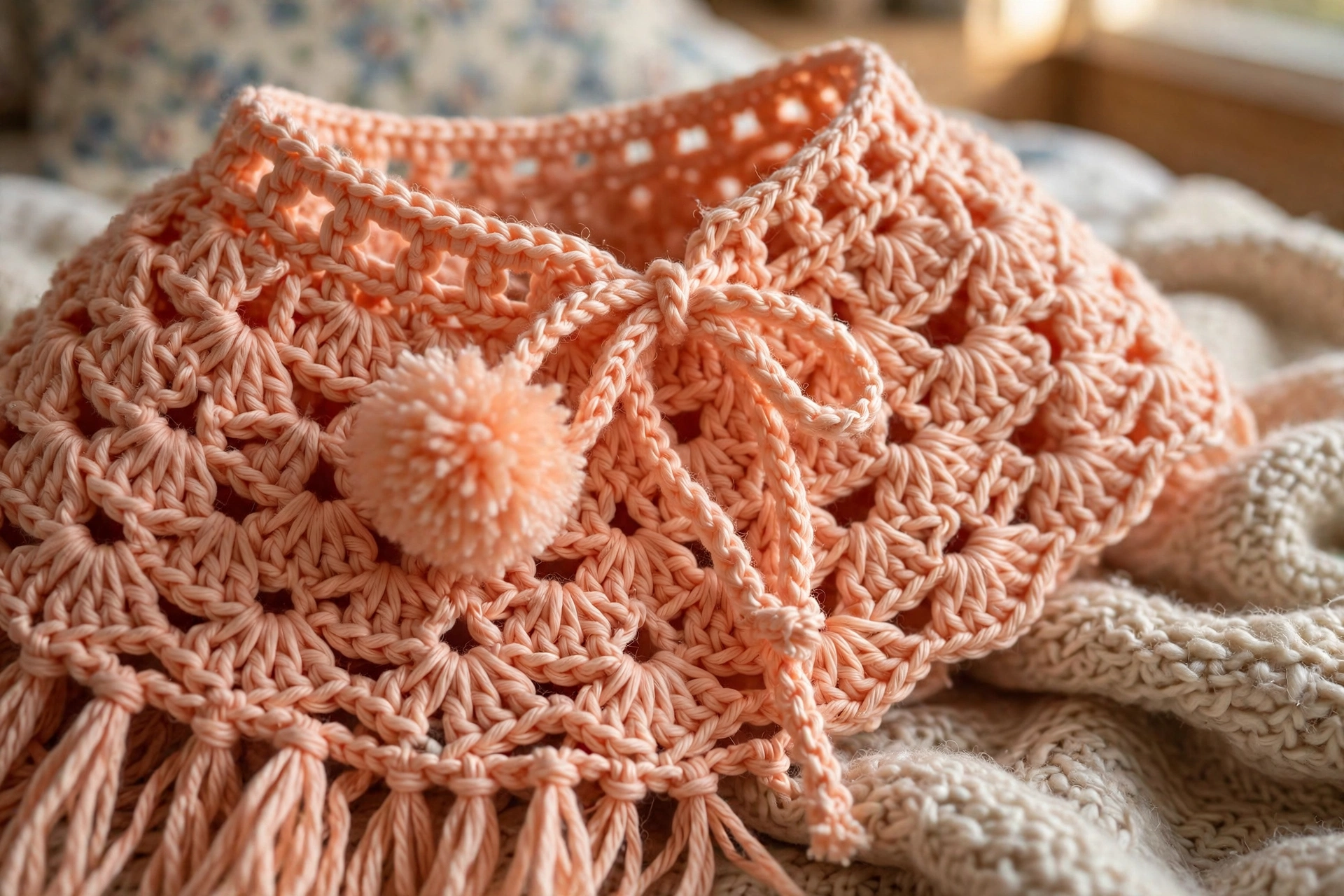 Close-up of the peach shell stitch texture, drawstring, and pompom on the baby poncho
