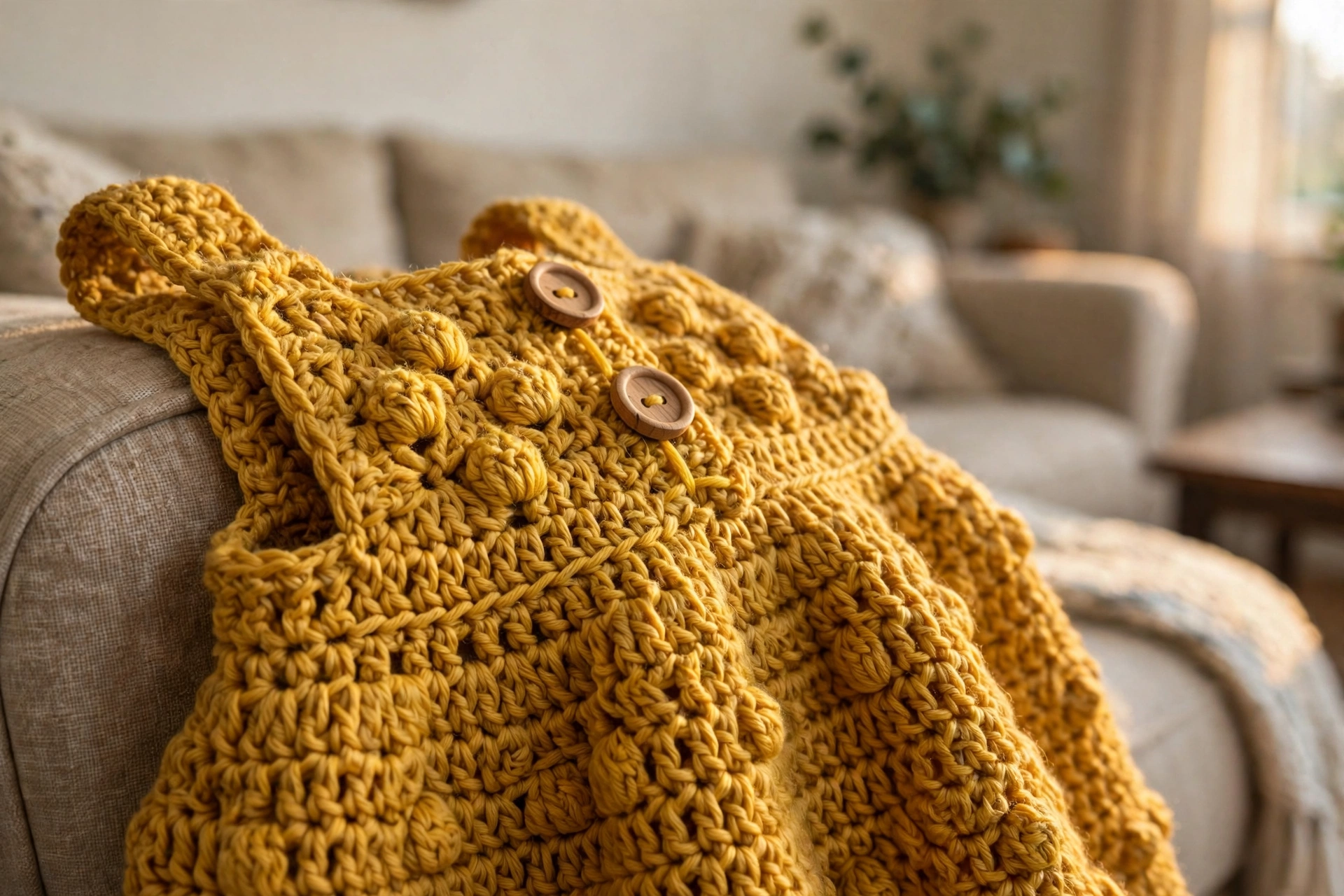 Close-up of the bobble stitch bodice and wooden buttons of the mustard pinafore