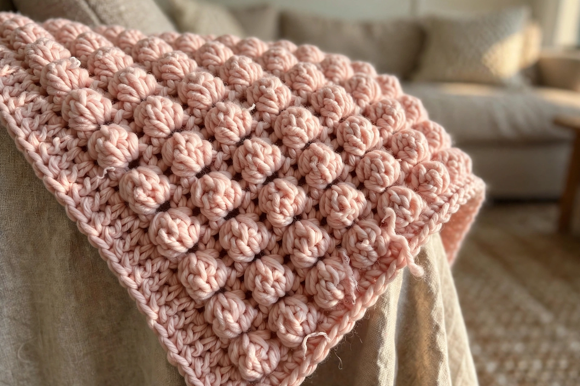 Close-up of the diagonal puff stitch clusters of the pink baby blanket