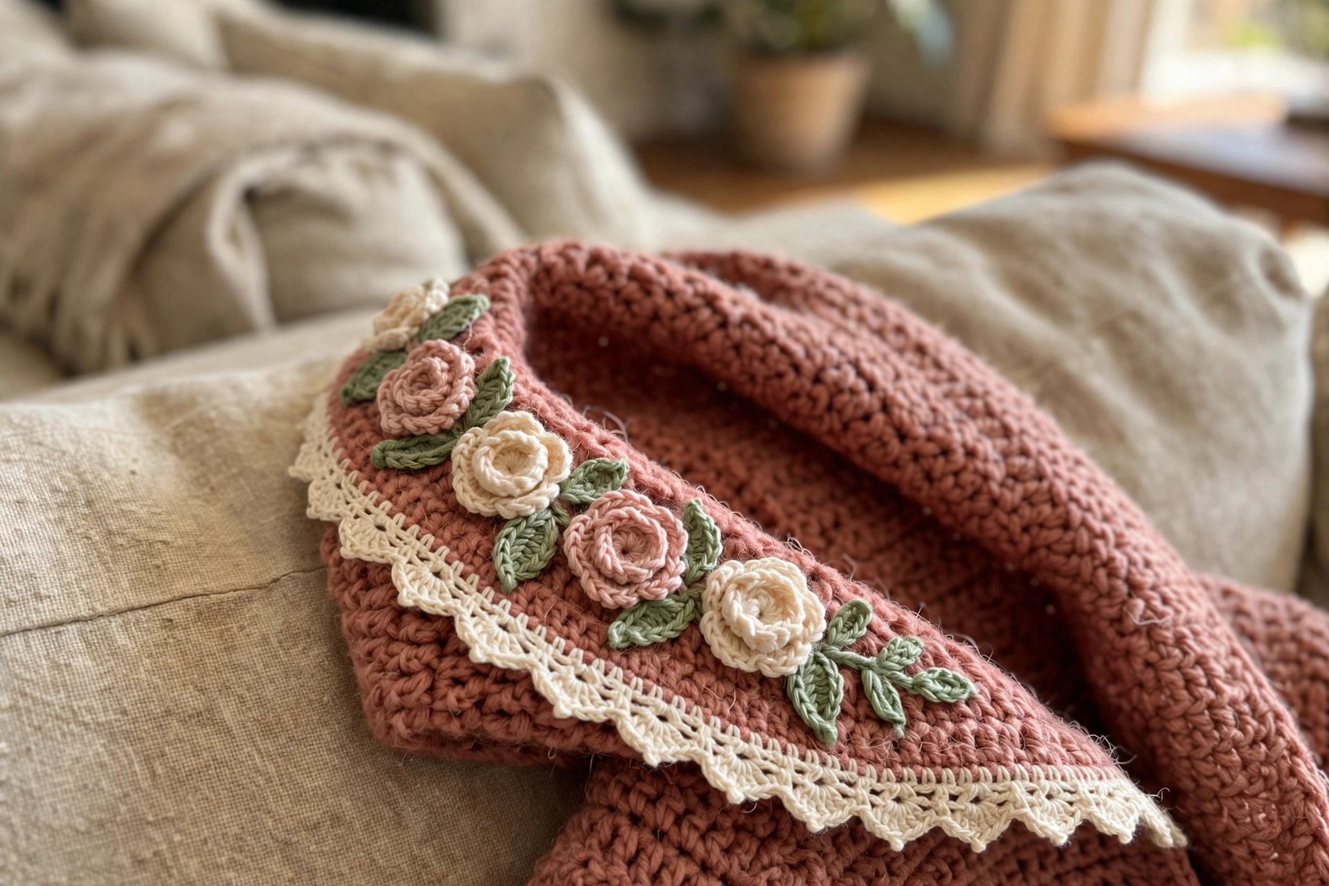 Close-up of the crocheted roses and cream lace trim along the hood edge of the pink coat