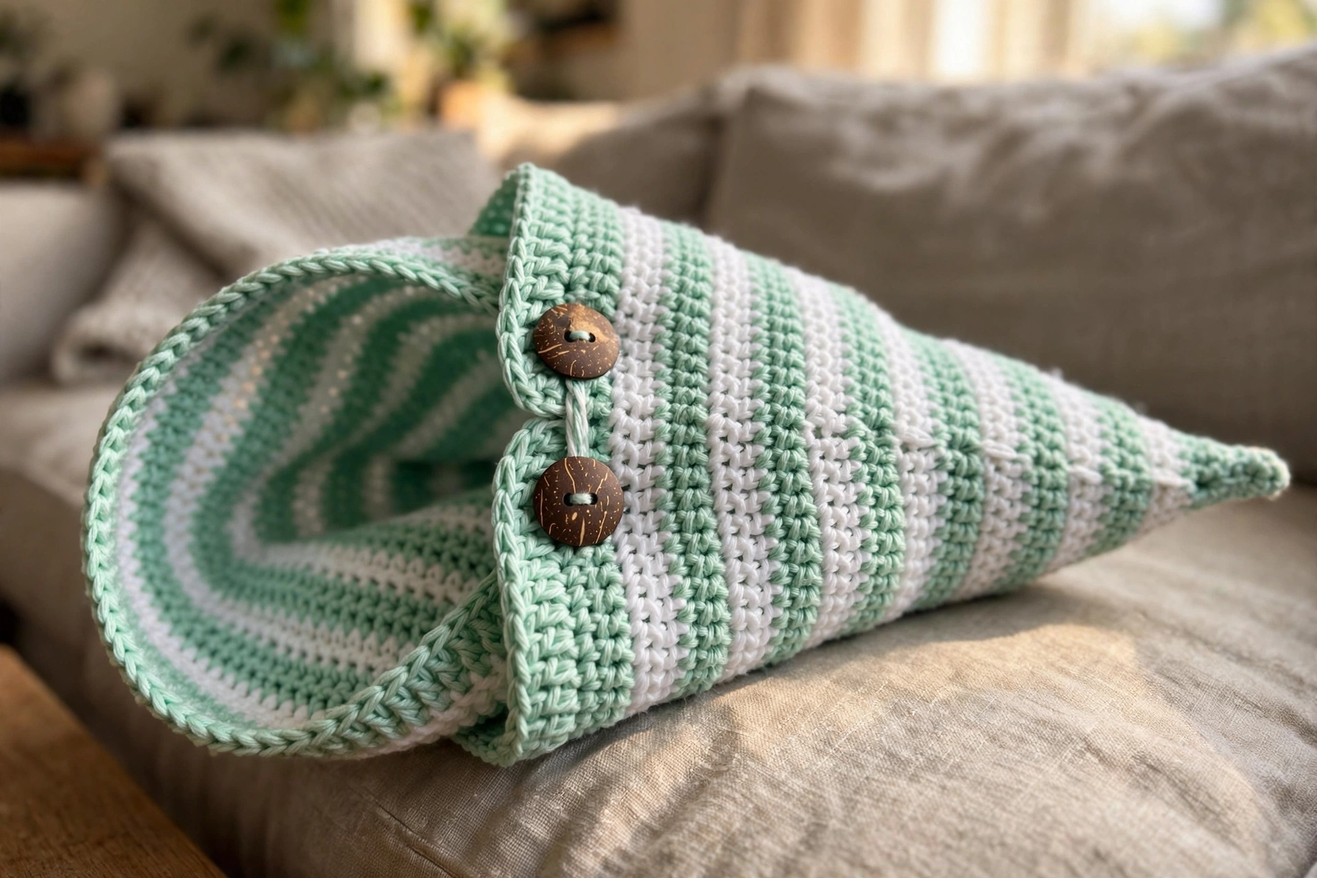Close-up of the coconut shell buttons and mint green stripe texture of the starfish cocoon