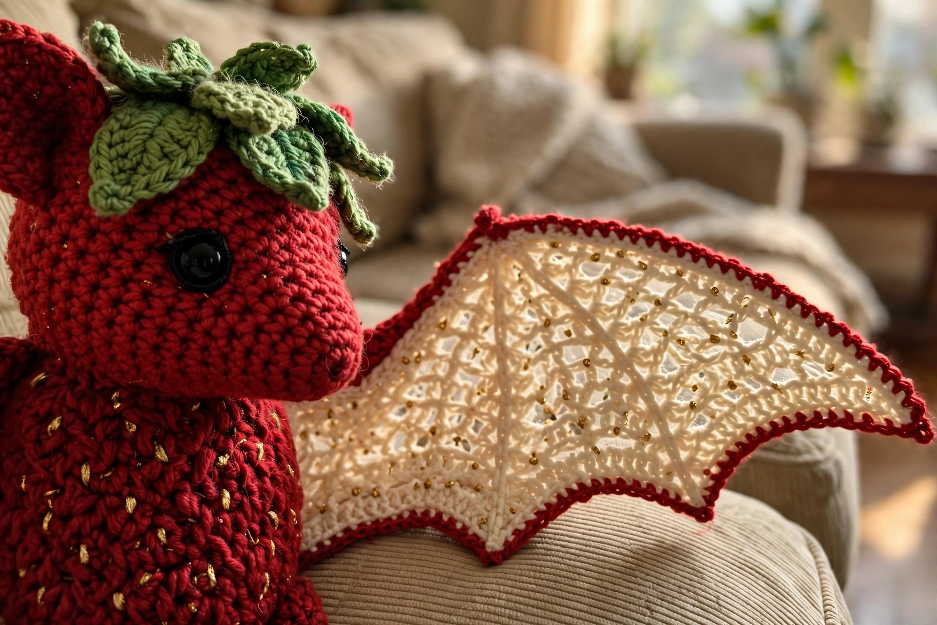Close-up of the strawberry bat's cream wing membrane with gold seed dots and green leaf crown