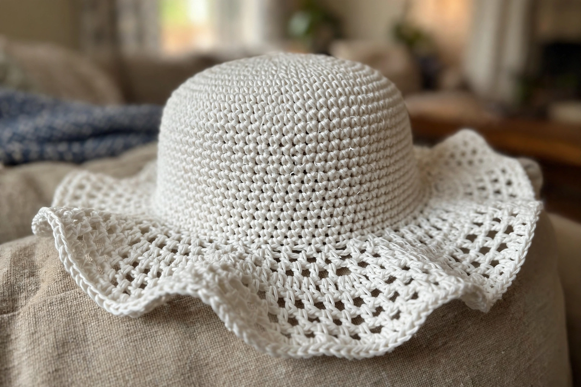 Close-up of the crown and flared brim texture of the white sun hat