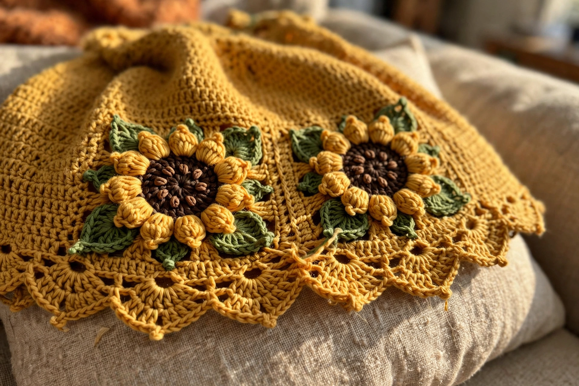 Close-up of the sunflower motifs and scalloped hem of the golden mustard baby dress