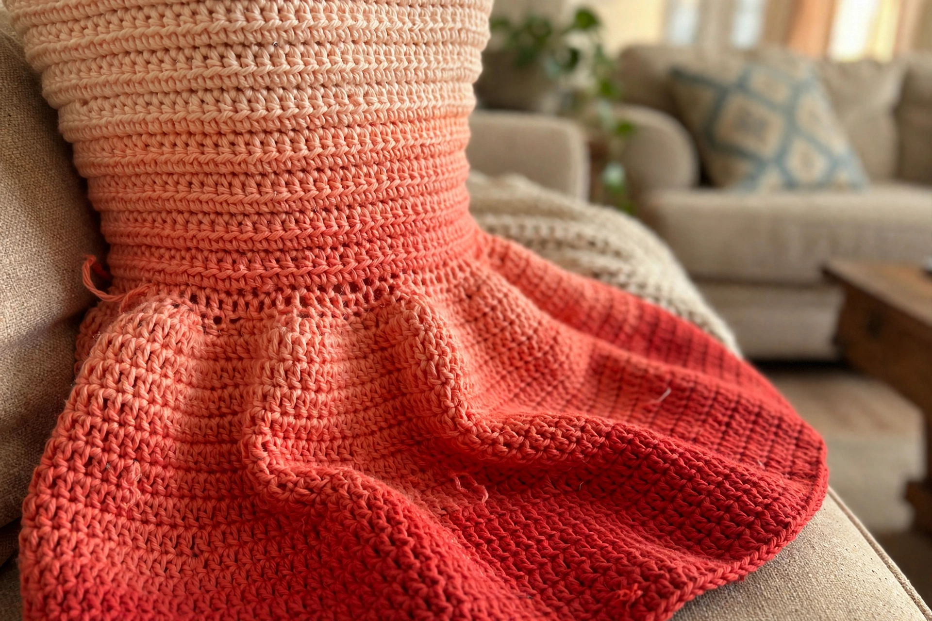 Close-up of the ridged bodice and ombre color transition of the crocheted mini dress