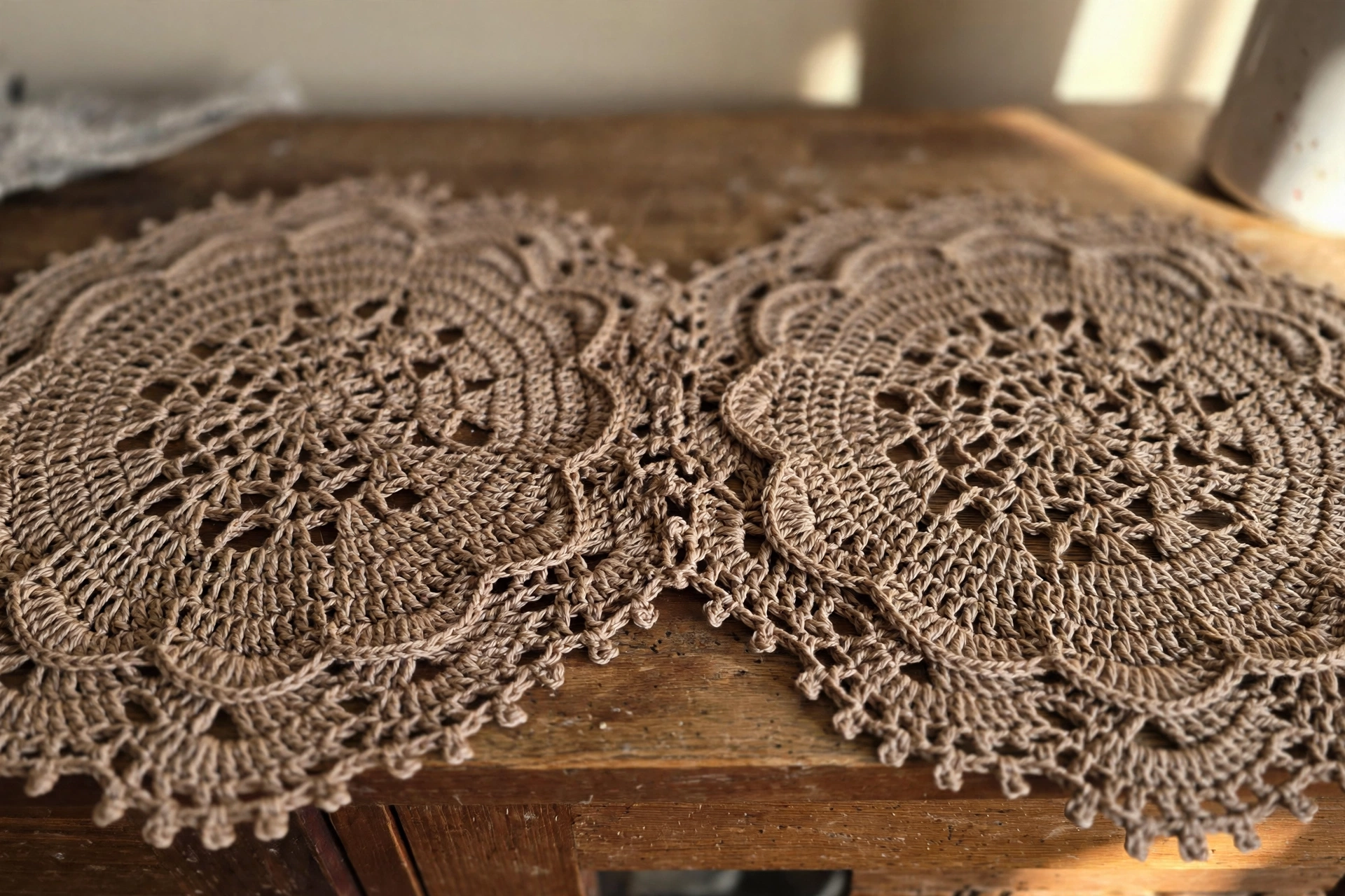 Close-up of two lace medallions with star centers joined at scallop points