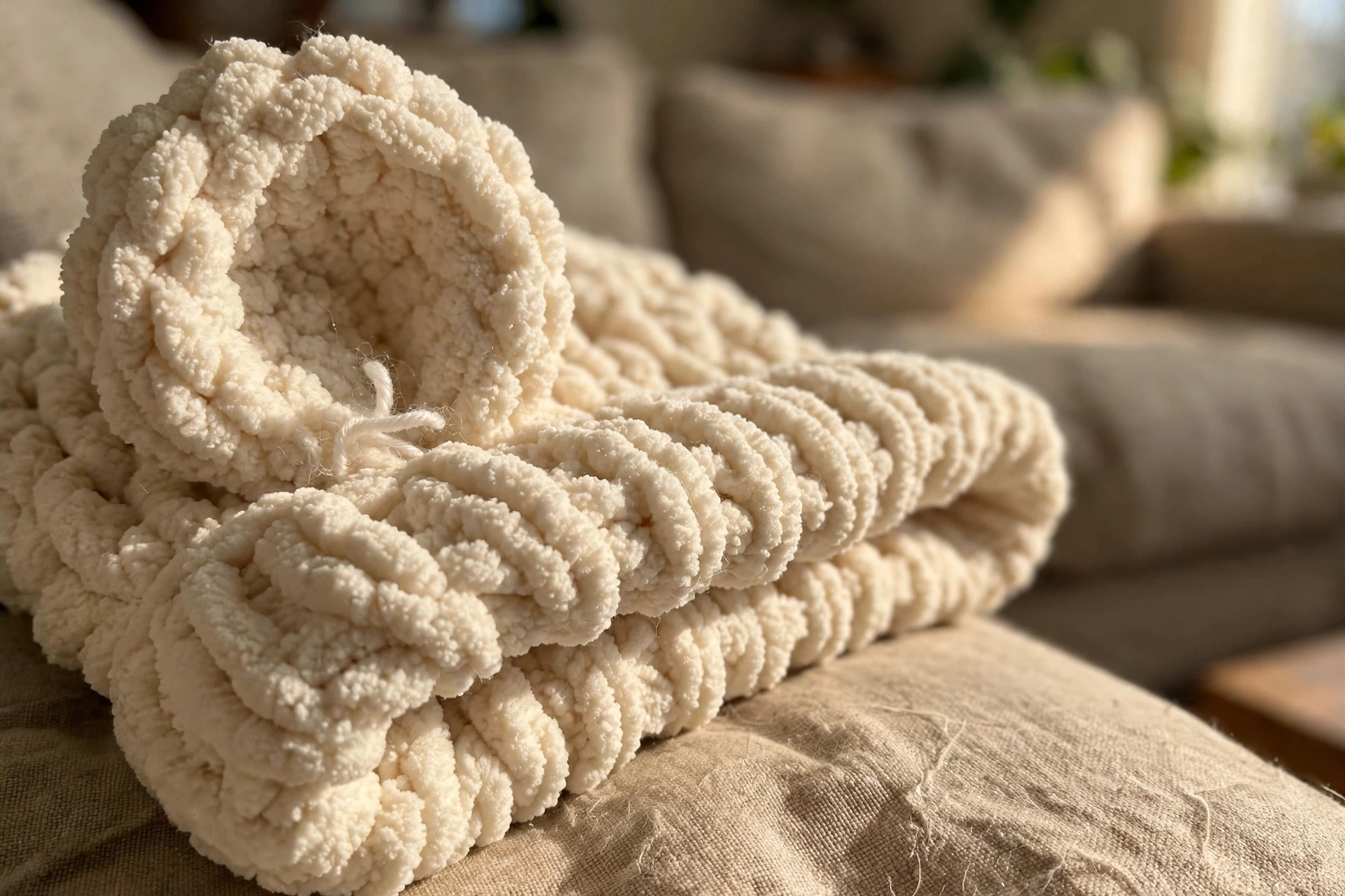 Close-up of the cupped bear ear and ribbed brim of the chenille beanie