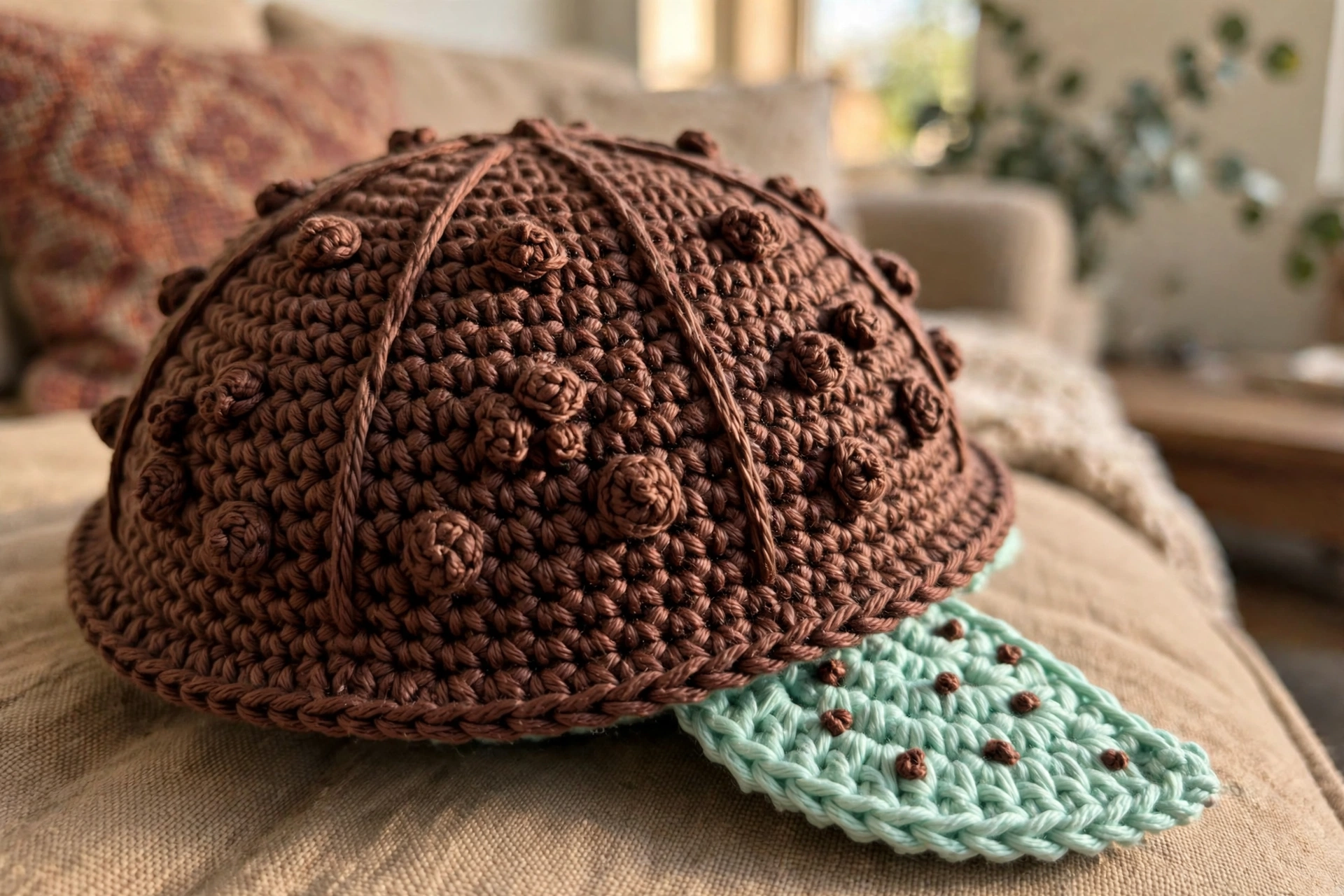 Close-up of the chocolate brown shell with French knot chips on the mint turtle