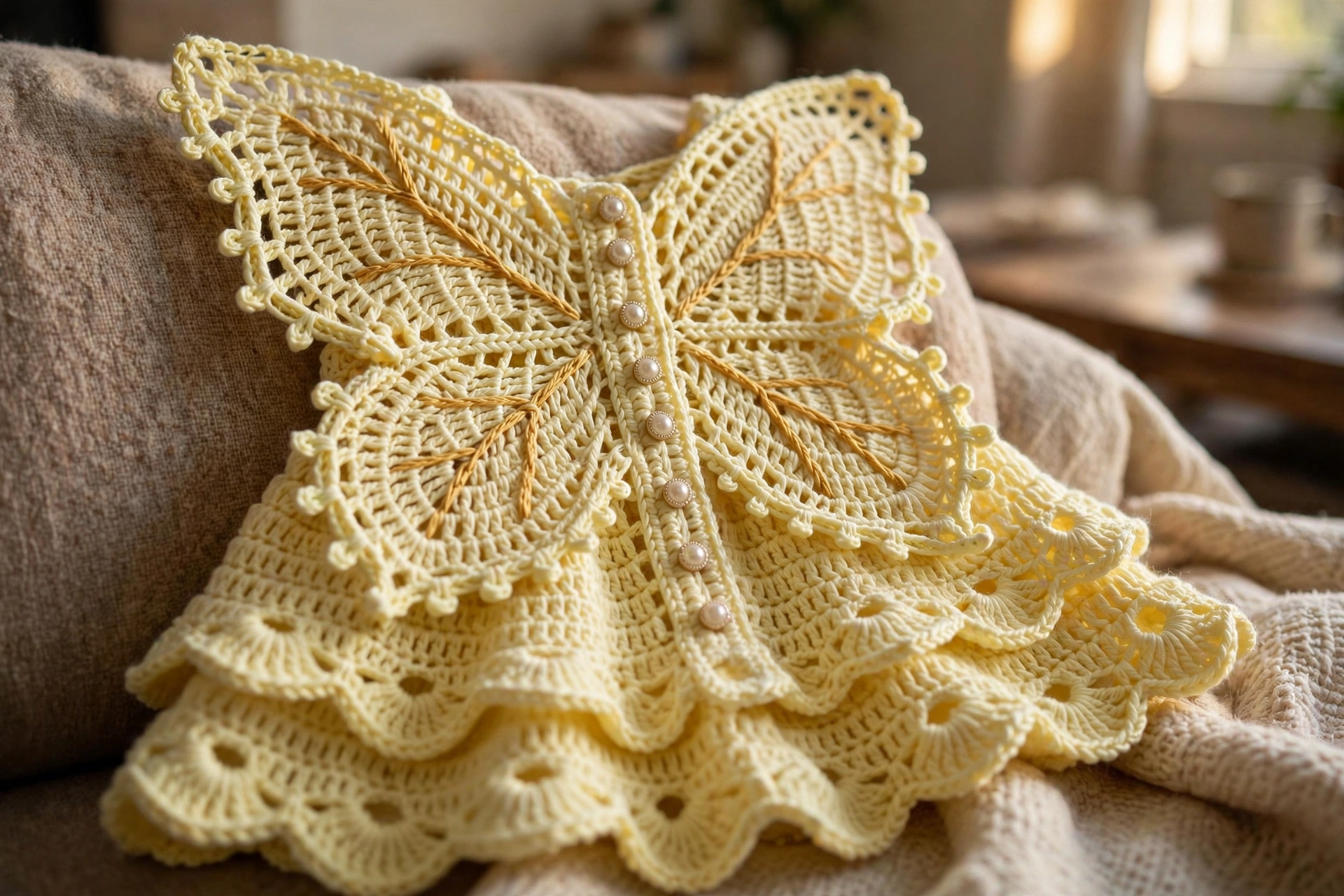 Close-up of the lace butterfly bodice with pearl buttons on the sunshine yellow baby dress