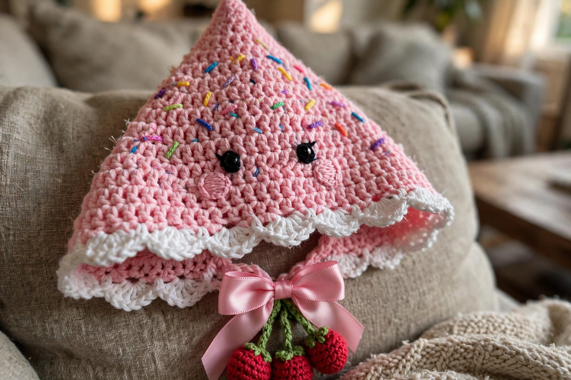 Close-up of the kawaii face, sprinkles, ribbon bow, and crocheted cherries on the pink cupcake hooded cape