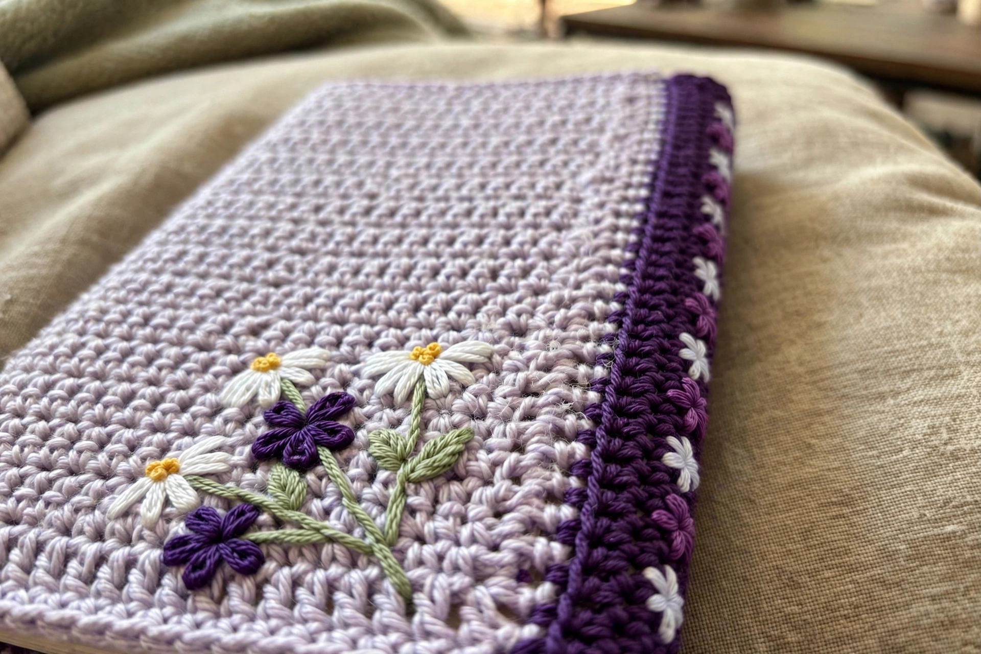 Close-up of the embroidered wildflowers and violet spine strip on the lavender journal cover