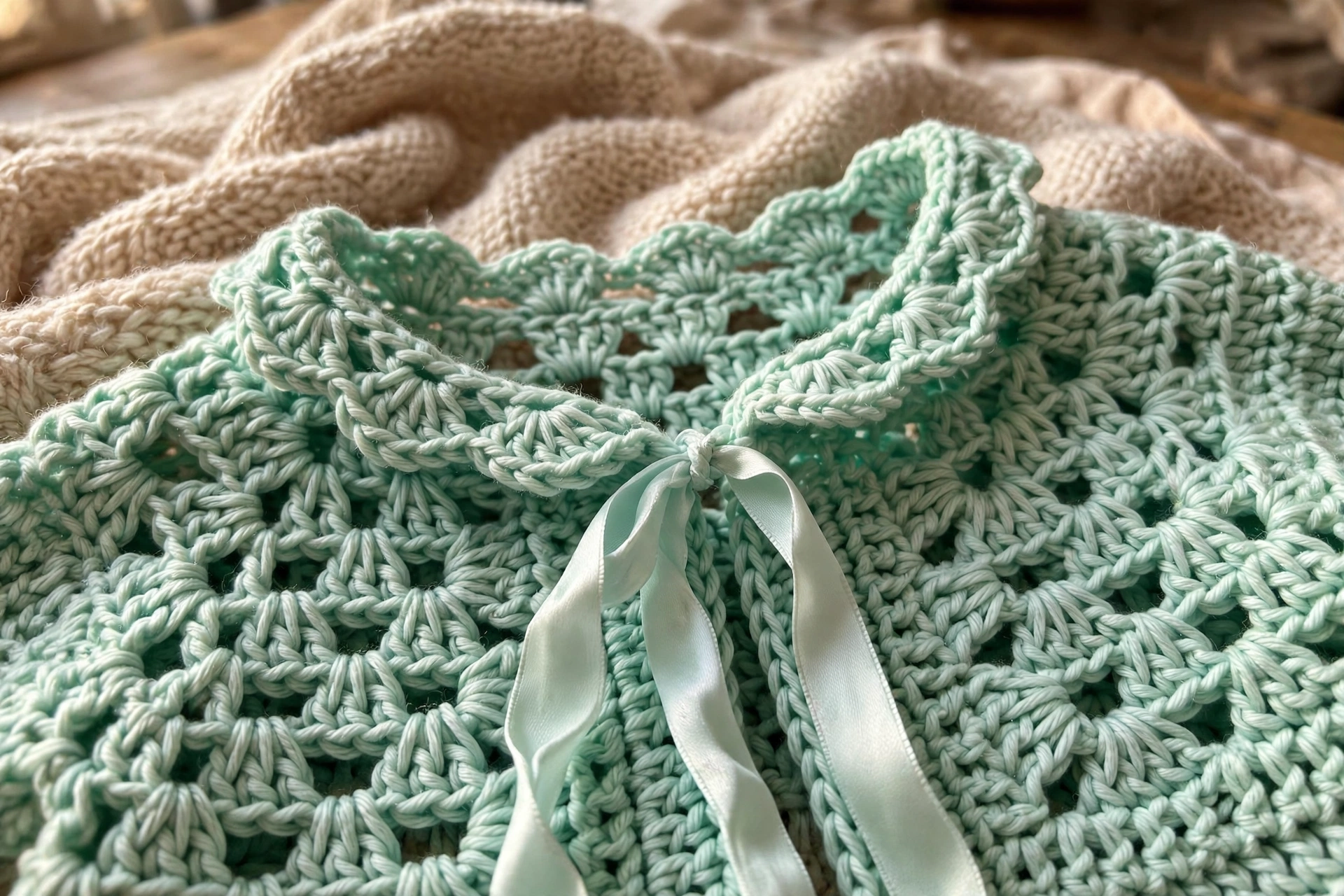 Close-up of the granny cluster stitch texture and ribbon bow on the mint green newborn cardigan