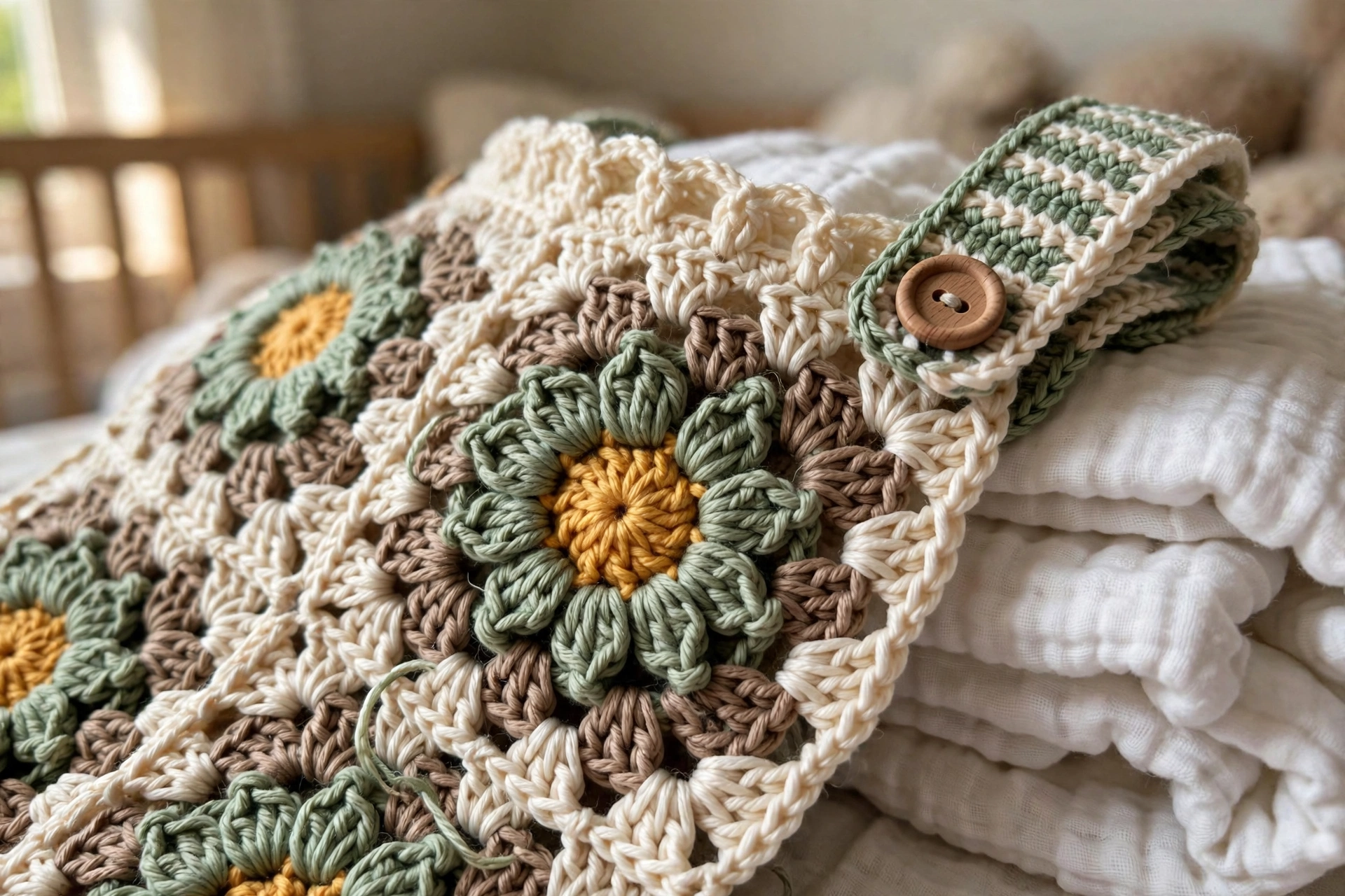 Close-up of the sunflower granny square texture and wooden button on the overalls bib