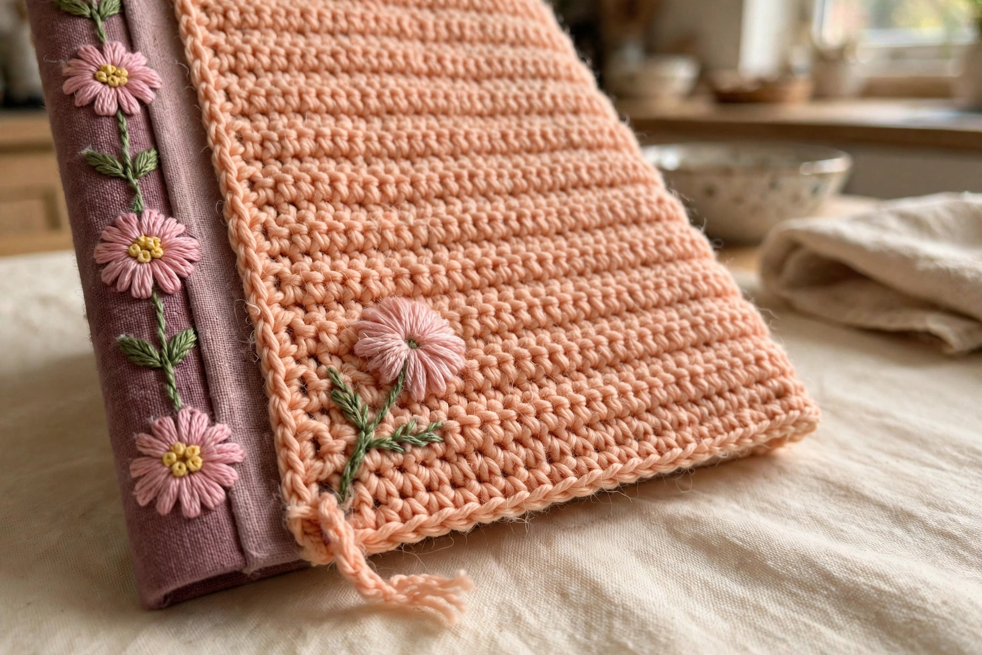 Close-up of the daisy applique flowers and mauve spine strip on the peach diary cover