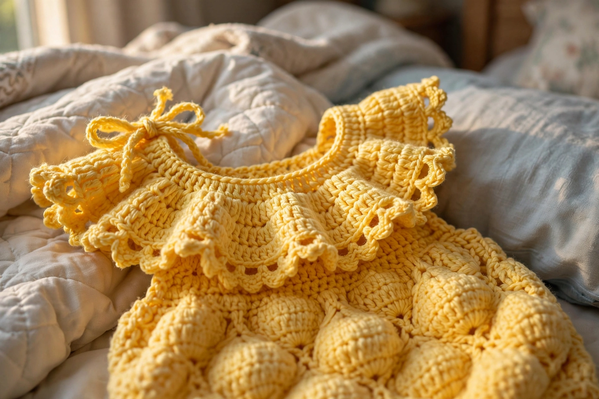 Close-up of the ruffled collar and tie bow on the sunny yellow ruffle romper