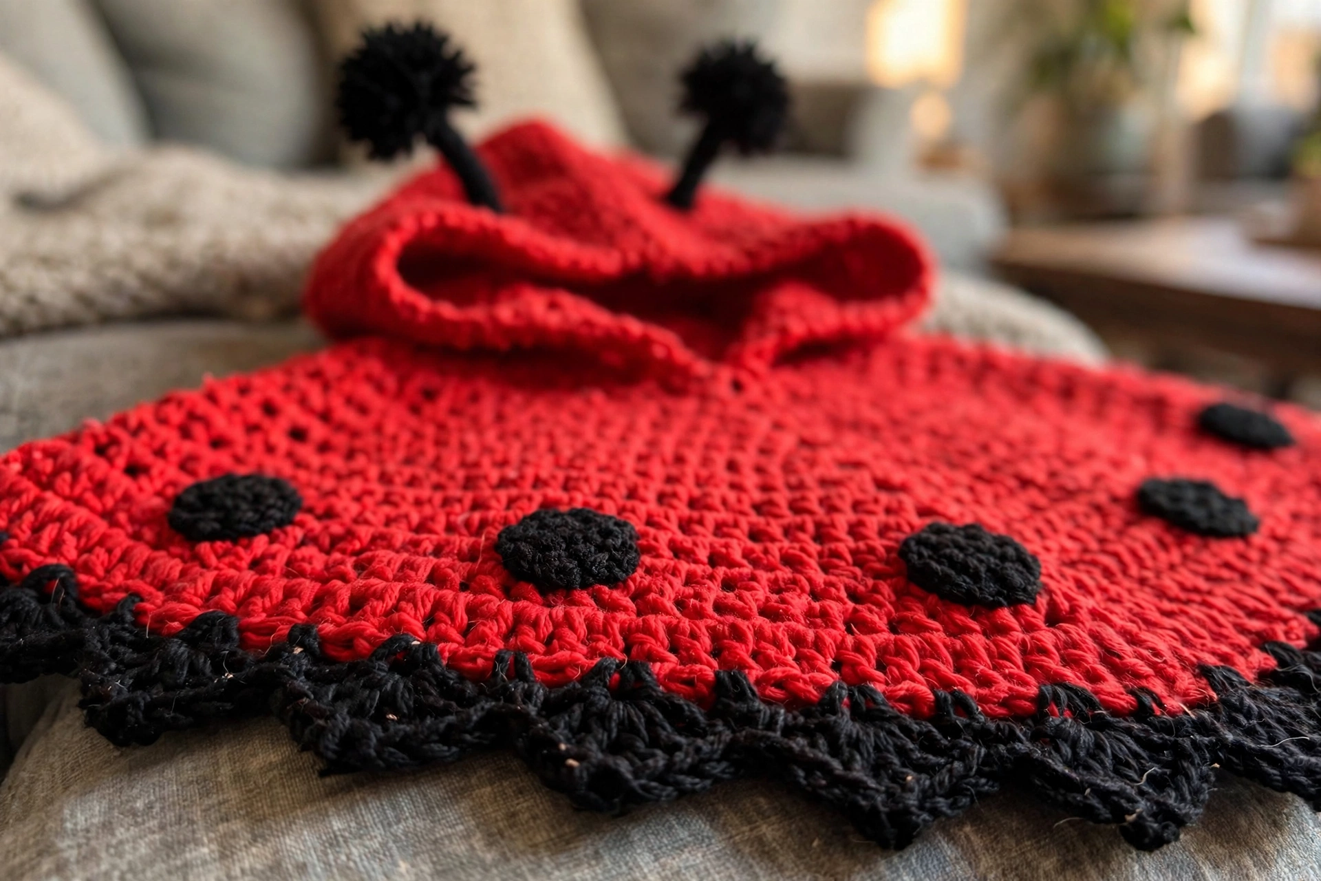 Close-up of the black scalloped hem and polka dot appliques on the baby ladybug poncho