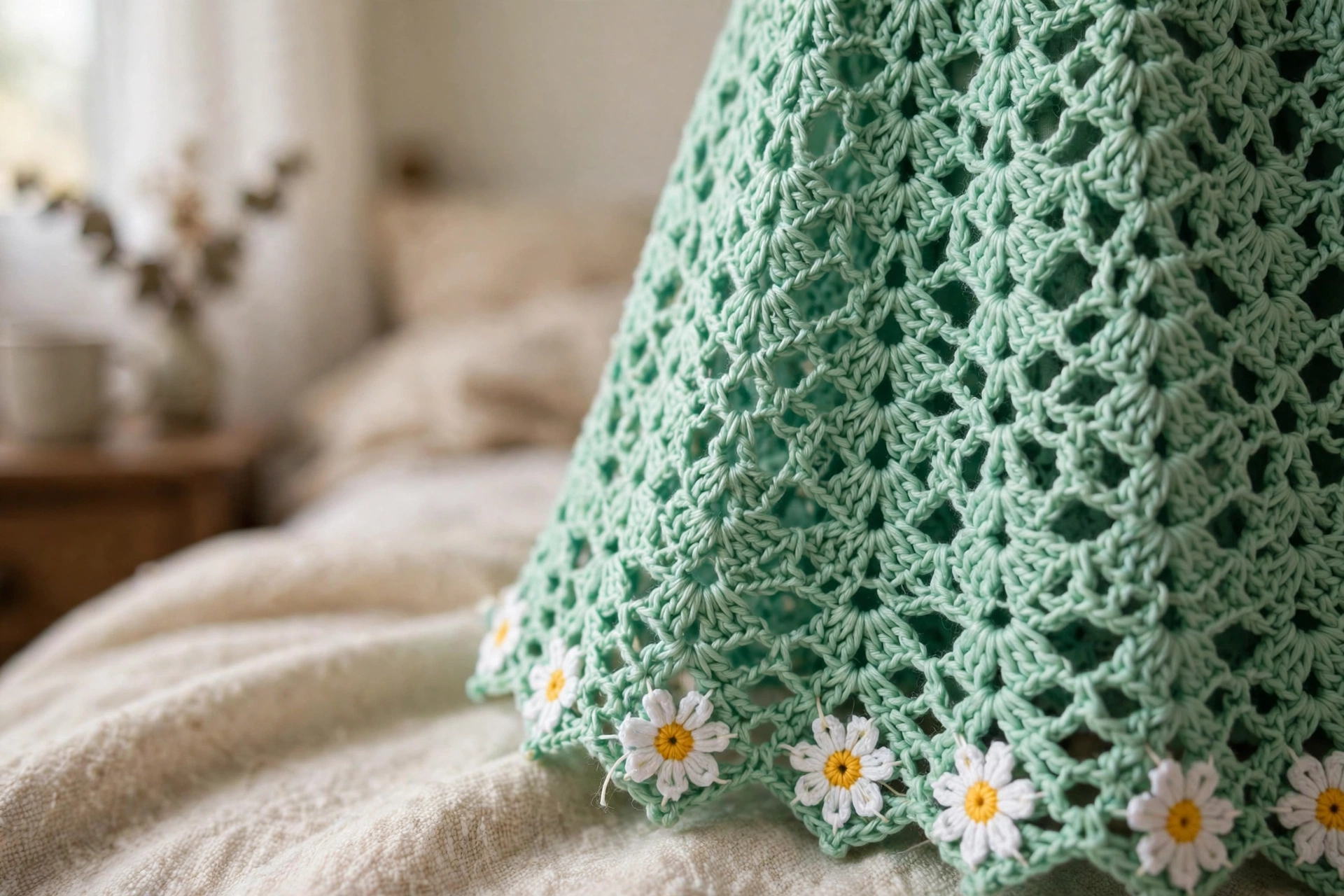 Close-up of the pineapple lace skirt and daisy appliques on the Mint Meadow Daisy Dress