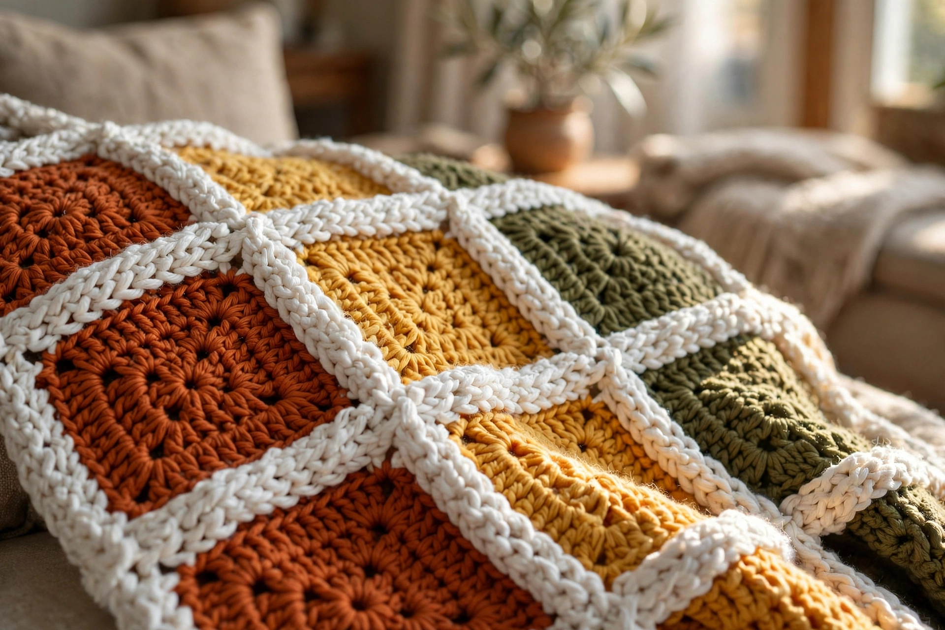 Close-up of the mosaic blanket's raised white lattice over burnt orange, golden yellow, and olive green blocks