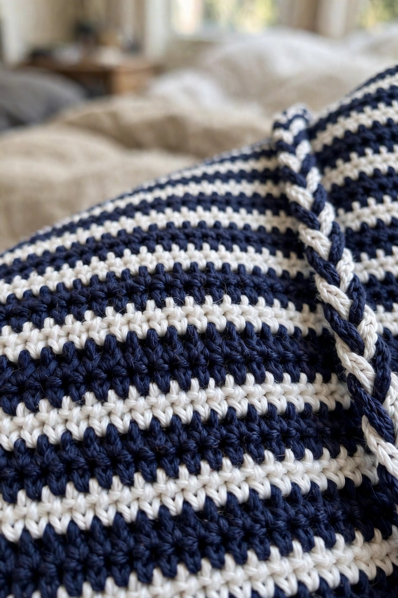 Close-up of the navy and white single crochet stripes and braided strap on the nautical mini dress