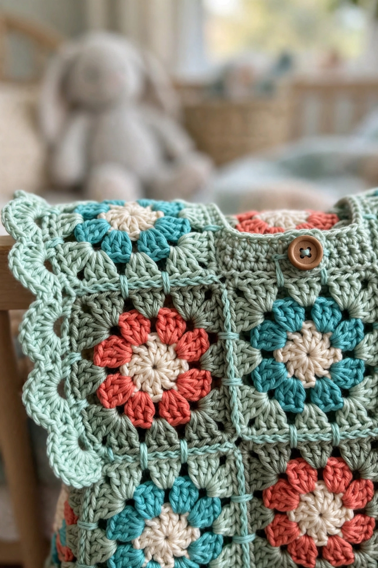 Close-up of the mint and coral granny squares with scalloped edging and wooden button on the pinafore dress