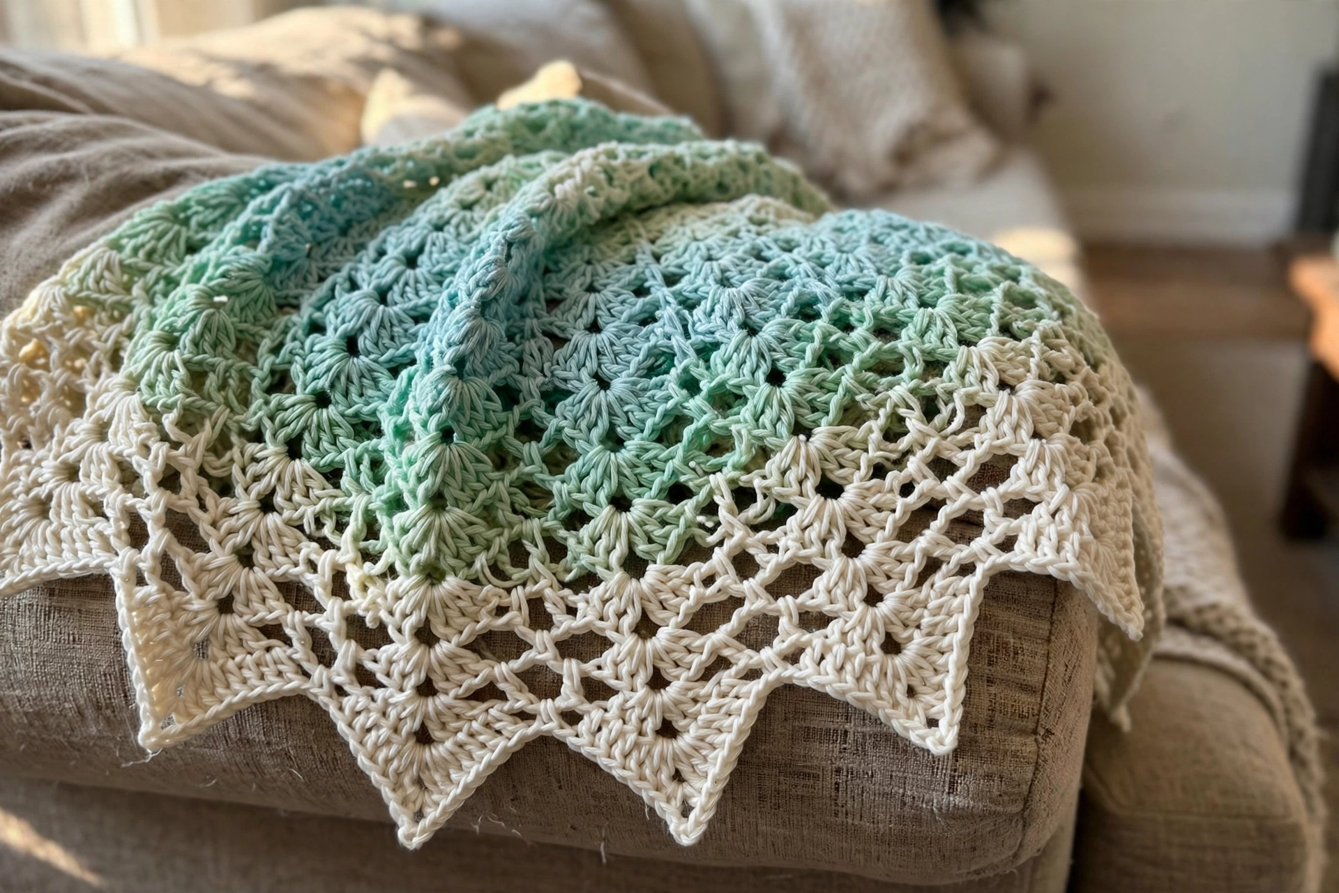 Close-up of the lace wave handkerchief hem on the ocean wave fairy dress