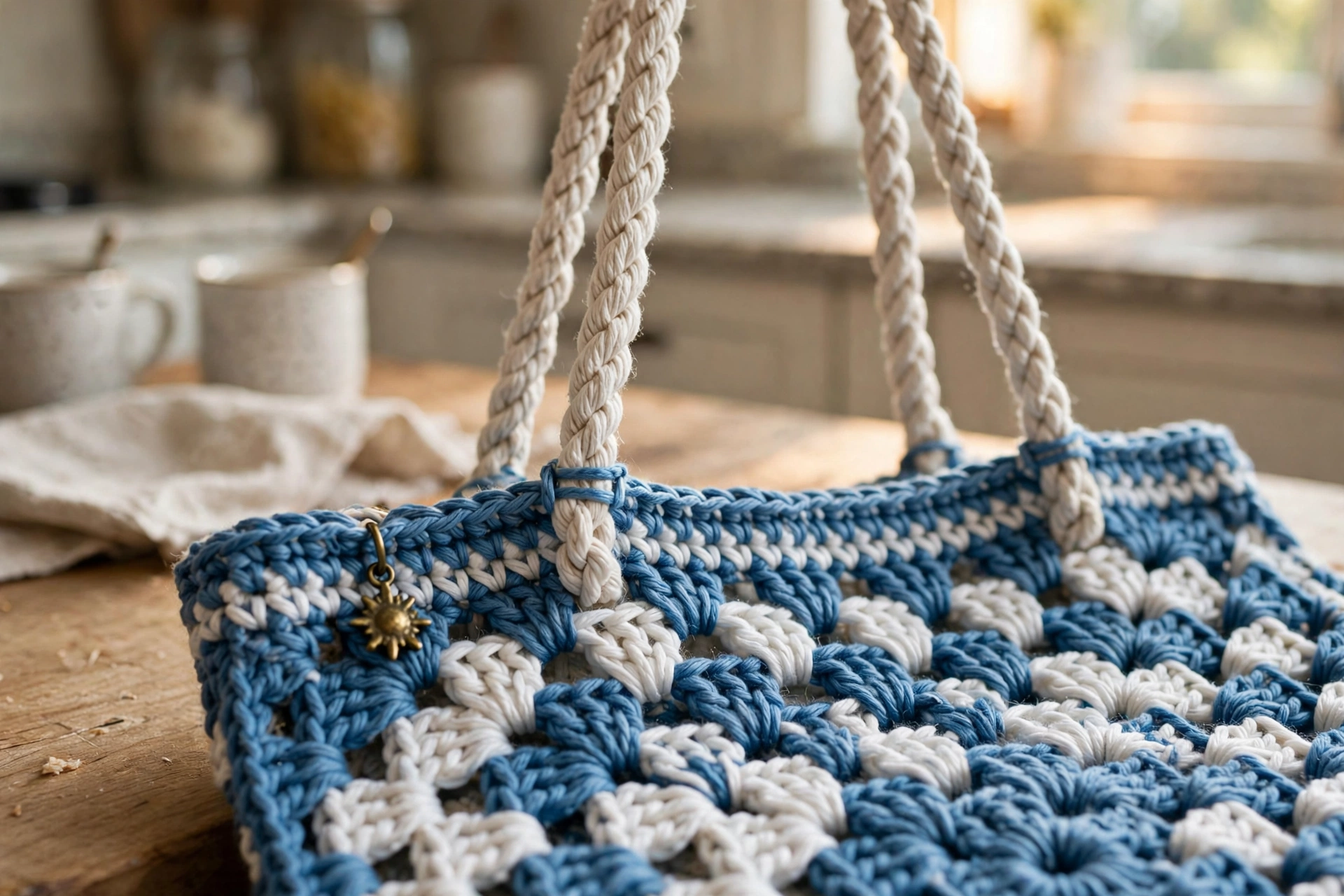 Close-up of the twisted rope handles and brass charm on the ocean wave granny tote
