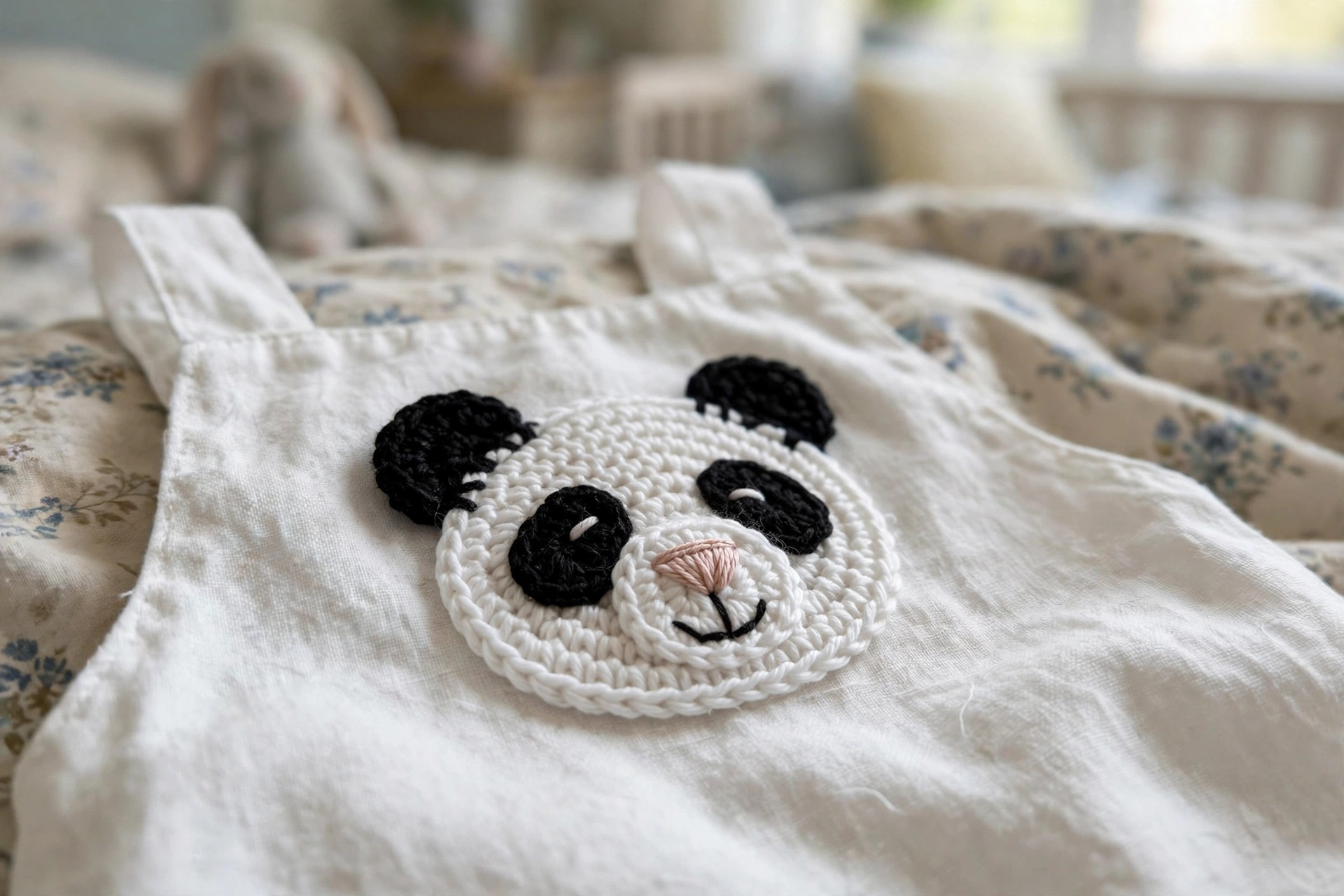 Close-up of the panda face applique with black ears, eye patches, and embroidered details on the pinafore bib