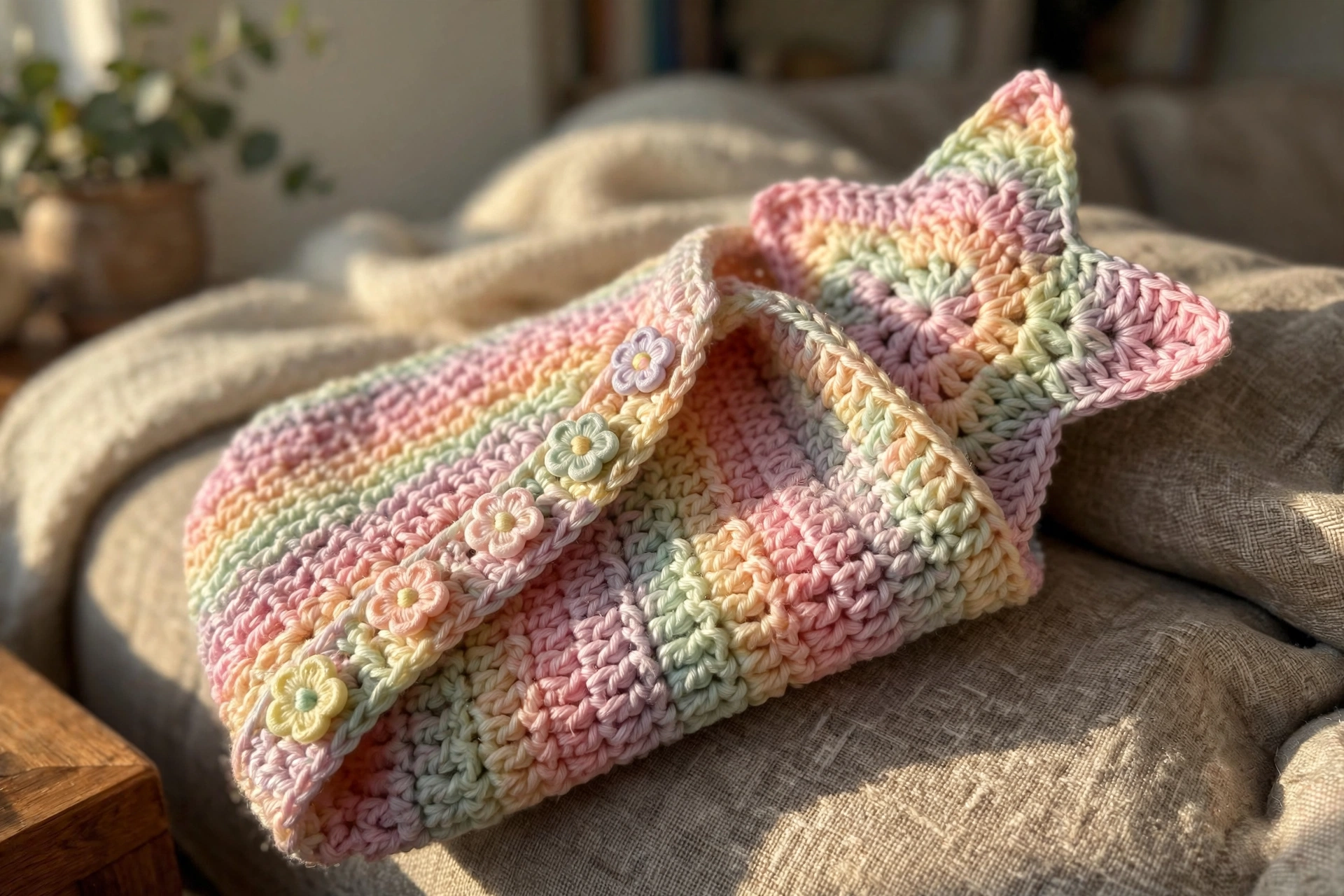 Close-up of the granny cluster texture and flower buttons on the pastel star baby sack