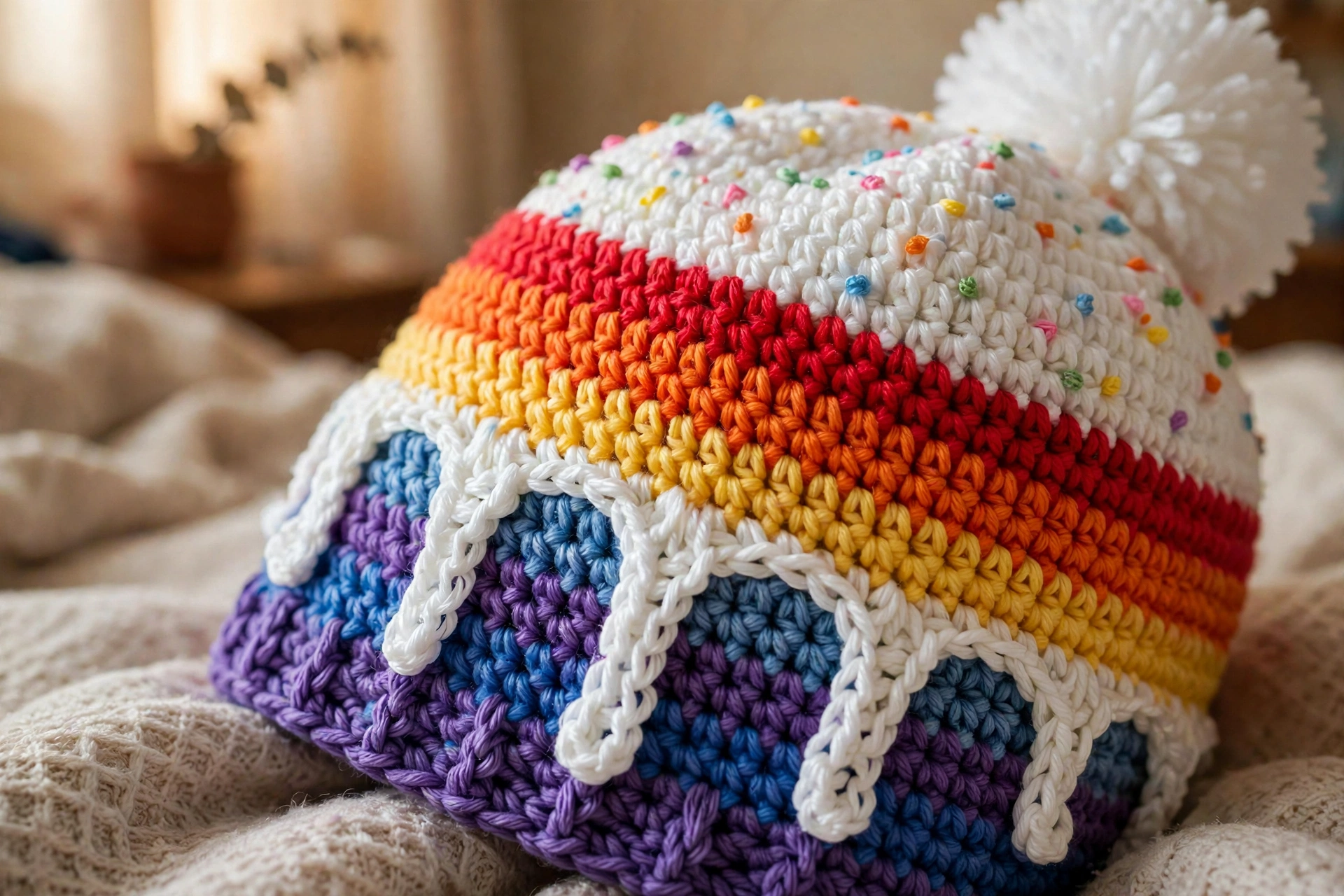 Close-up of the frosting drip loops and sprinkles on the rainbow beanie