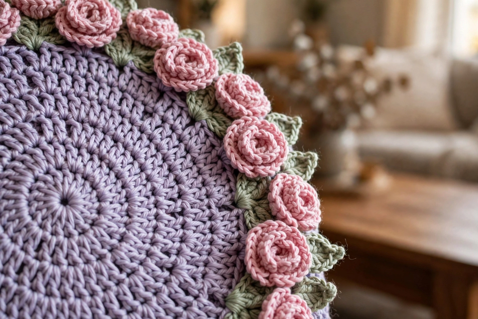 Close-up of the pink crochet rose wreath border on the bouquet blanket
