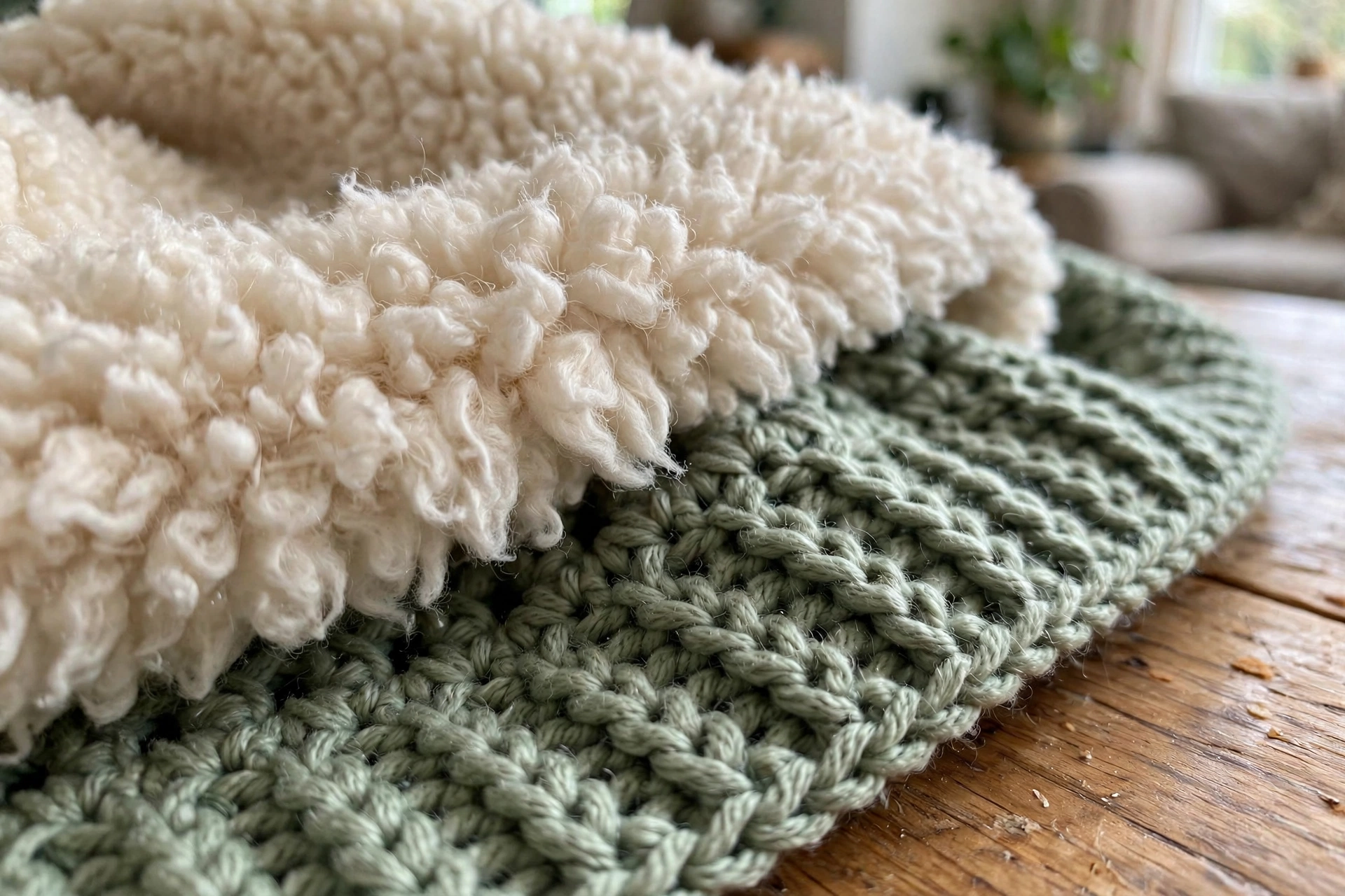Close-up detail of the cream sherpa trim and sage green crochet stitch texture
