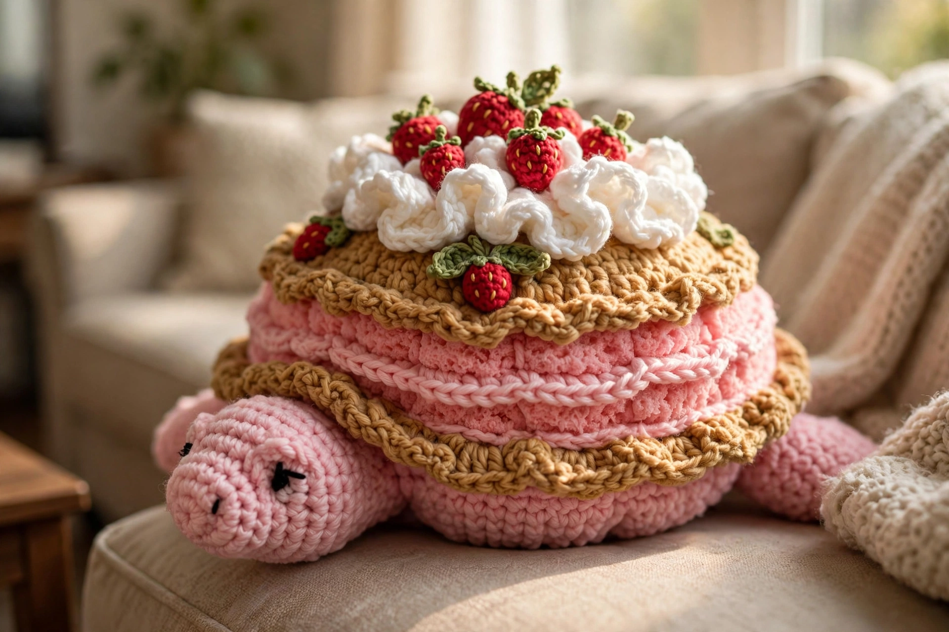 Close-up of the strawberry shortcake shell with whipped cream ruffles and tiny strawberries on the crochet turtle