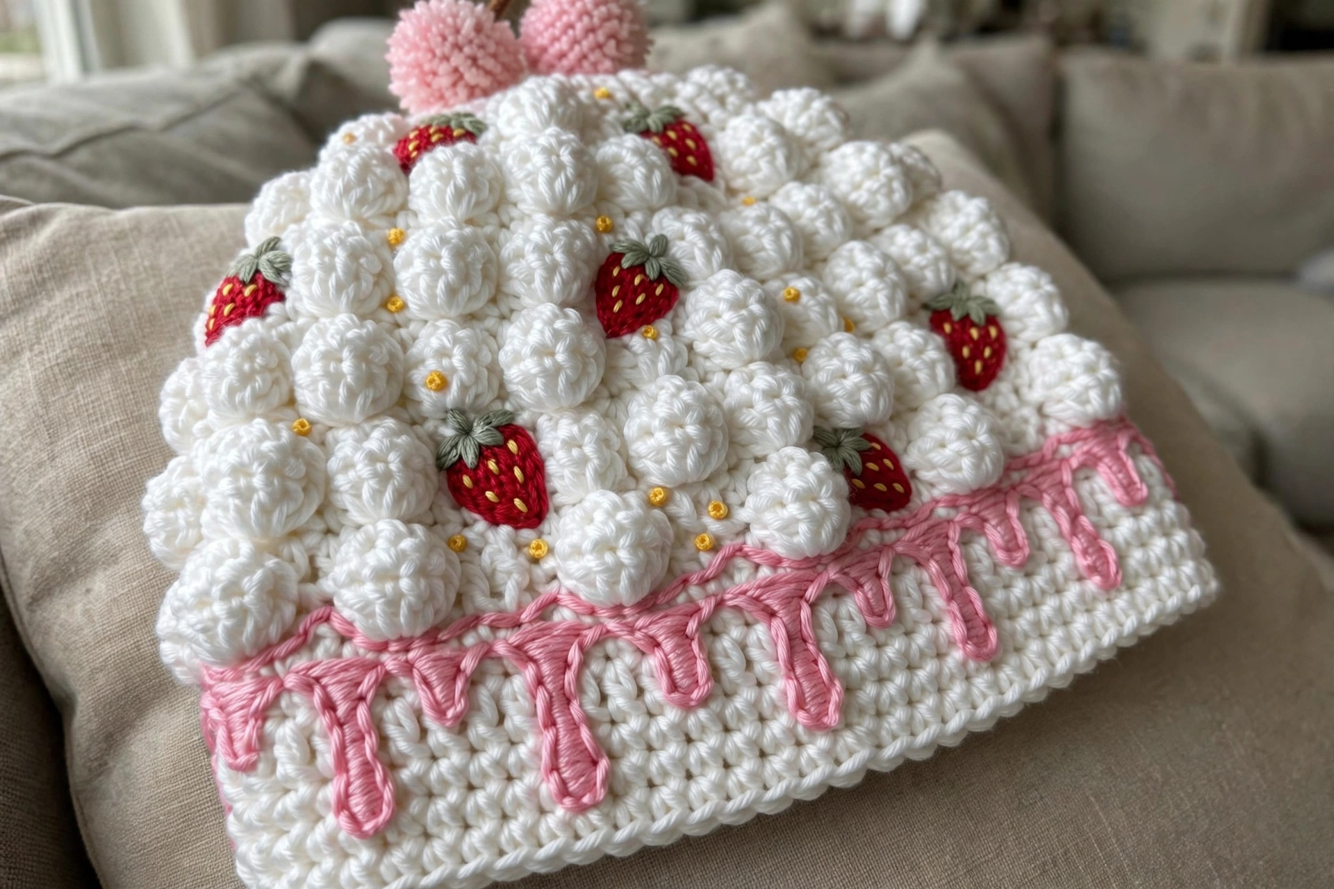 Close-up of the whipped-cream bobbles, pink frosting drips, and strawberry seed embroidery on the sundae beanie
