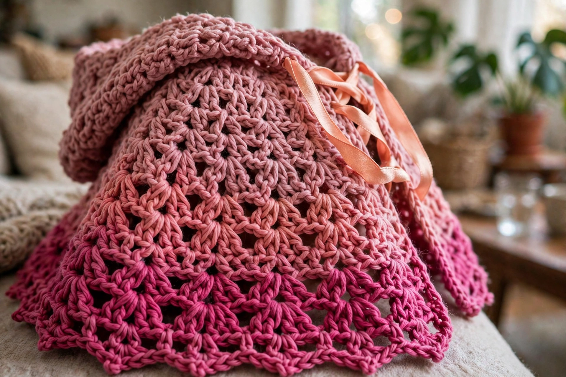 Close-up of the sunset ombre granny stitch and scalloped hem on the Sunset Glow Hooded Cape